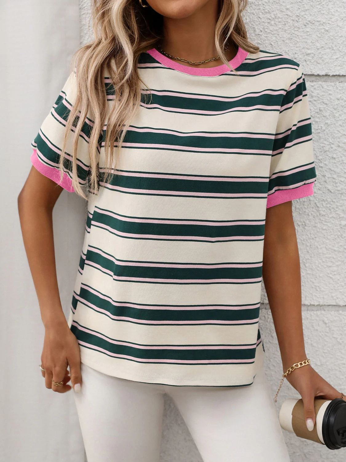 Contrast Striped Round Neck Short Sleeve T-Shirt - Image 9