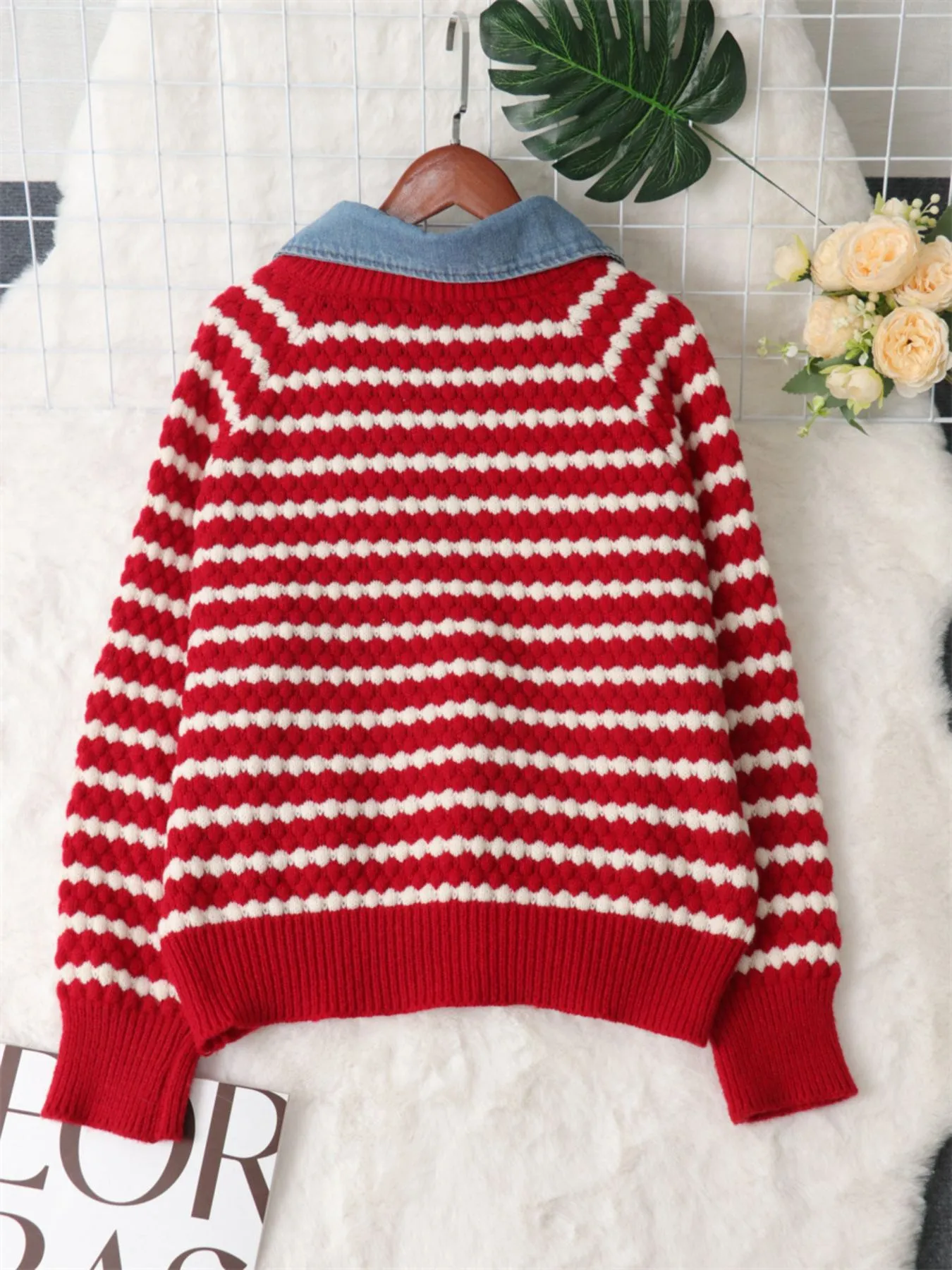 Contrast Striped Sweater with Denim Collar - Image 12