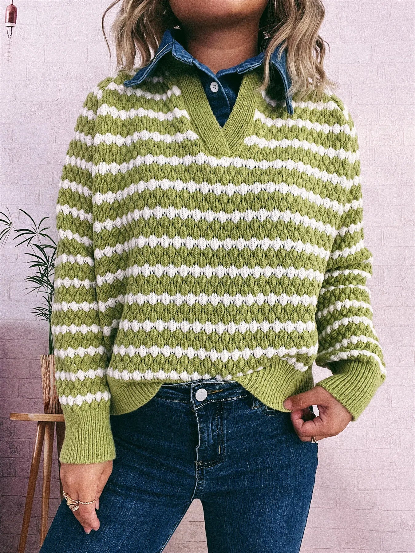 Contrast Striped Sweater with Denim Collar - Image 18