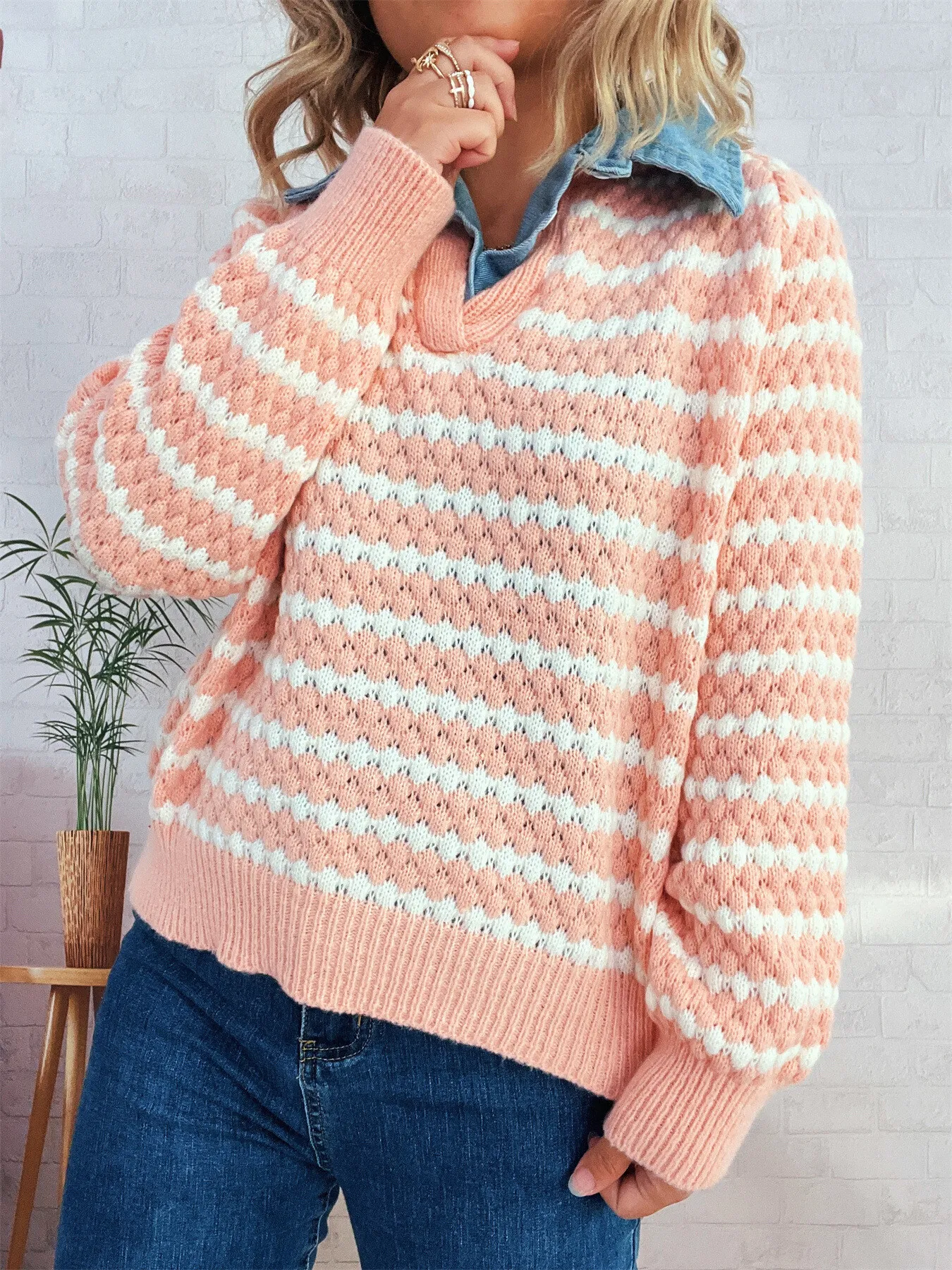 Contrast Striped Sweater with Denim Collar - Image 23