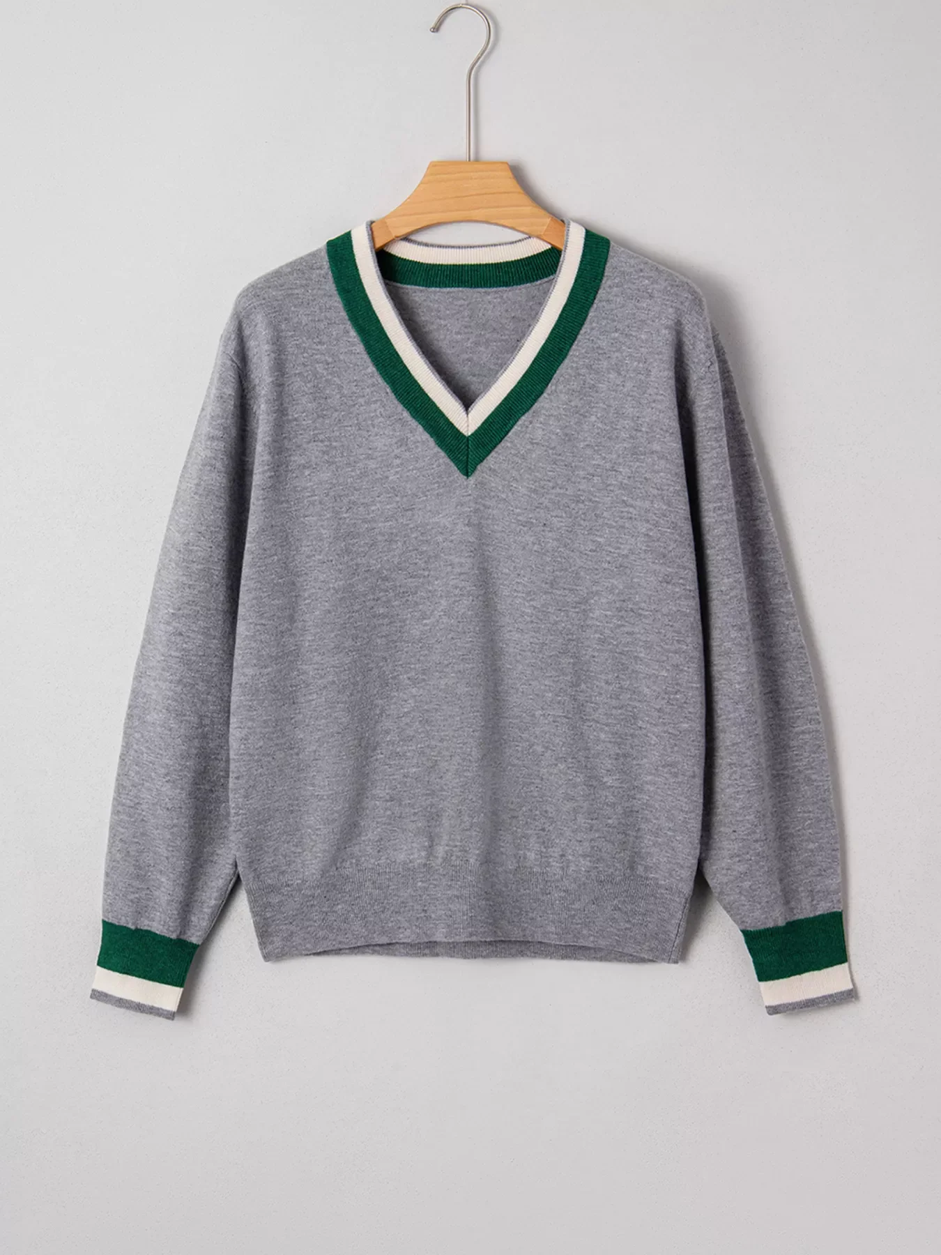 Contrast Striped Trim V Neck Varsity Sweater - Image 4