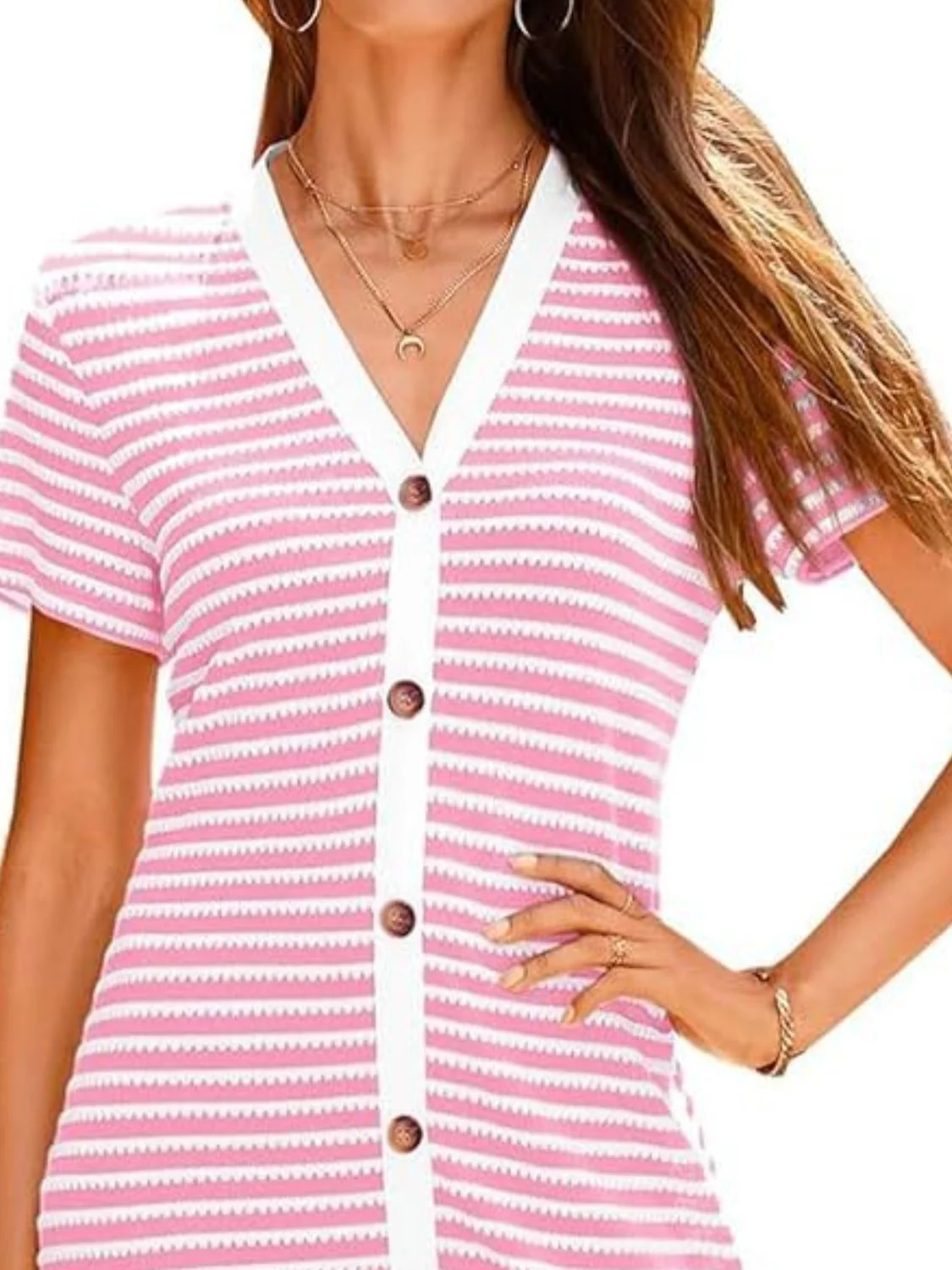 Contrast Striped V-Neck Short Sleeve Midi Dress - Image 11