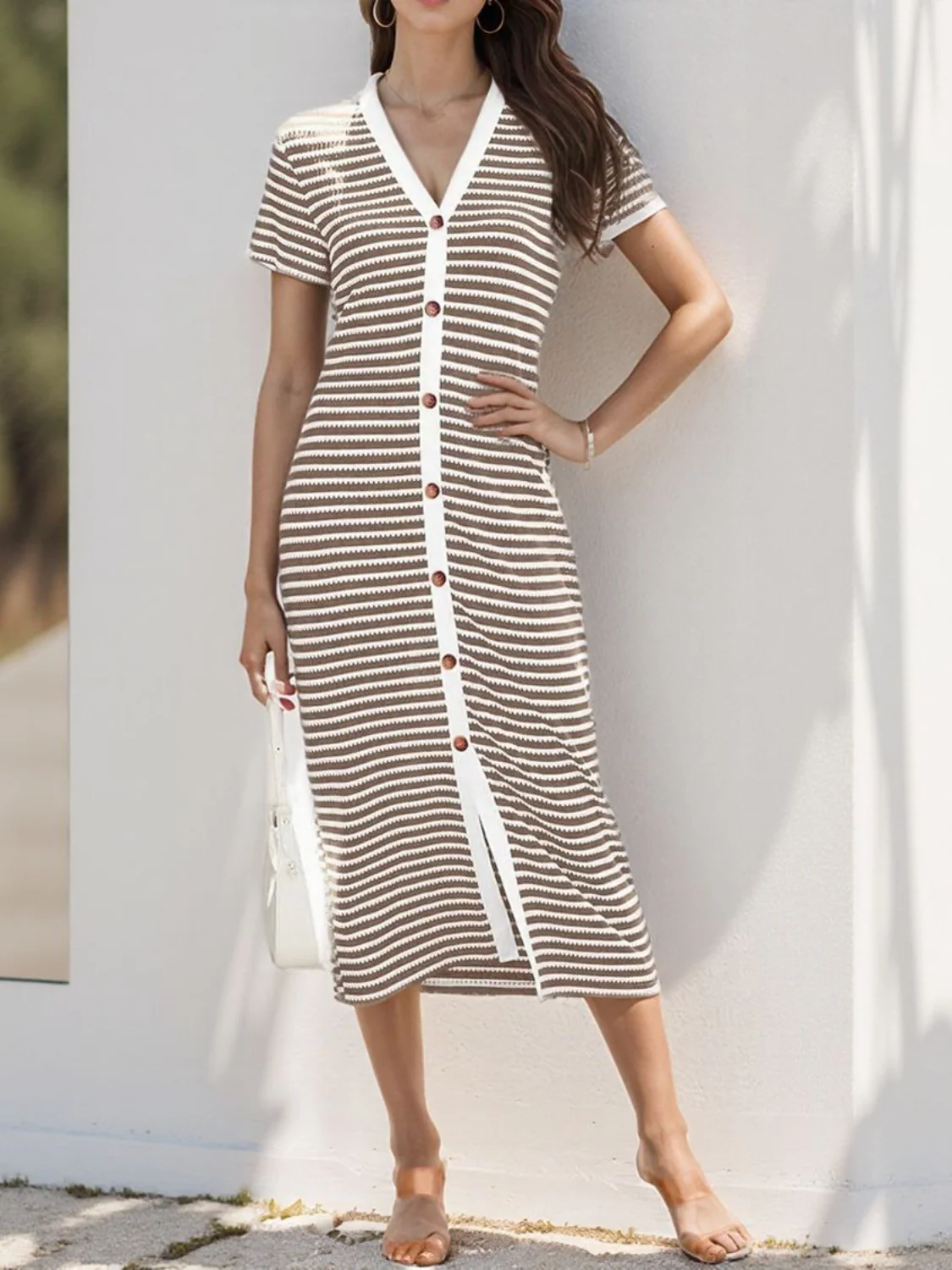 Contrast Striped V-Neck Short Sleeve Midi Dress - Image 13