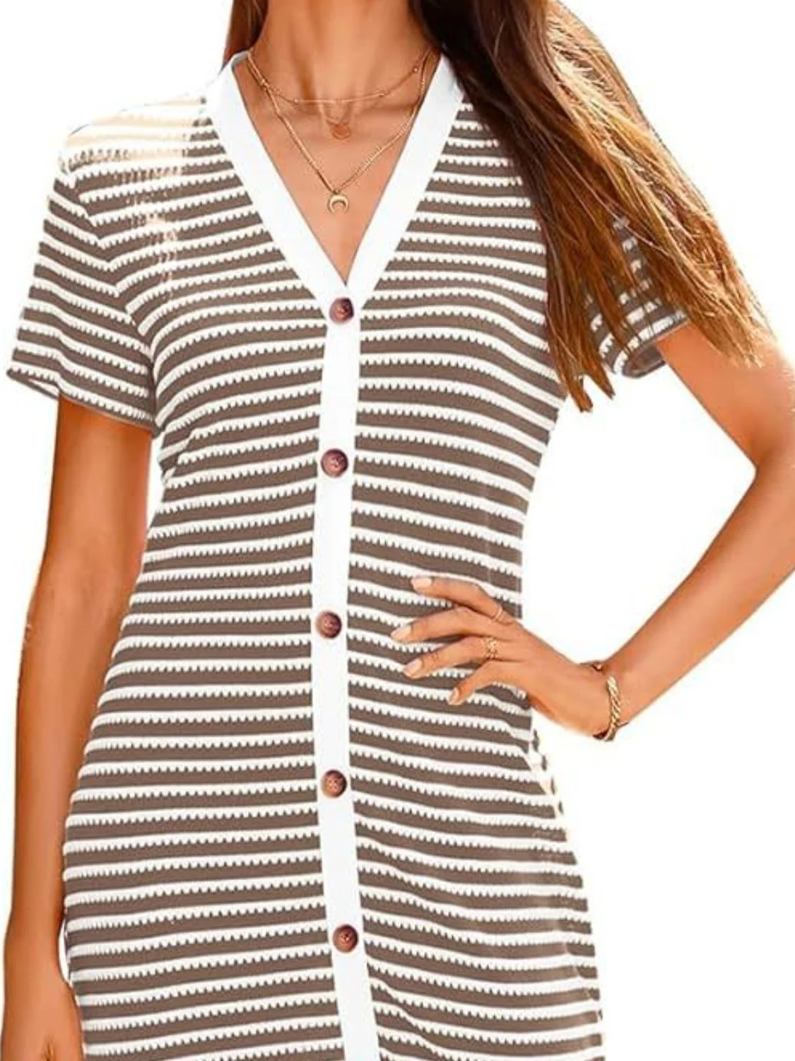 Contrast Striped V-Neck Short Sleeve Midi Dress - Image 15