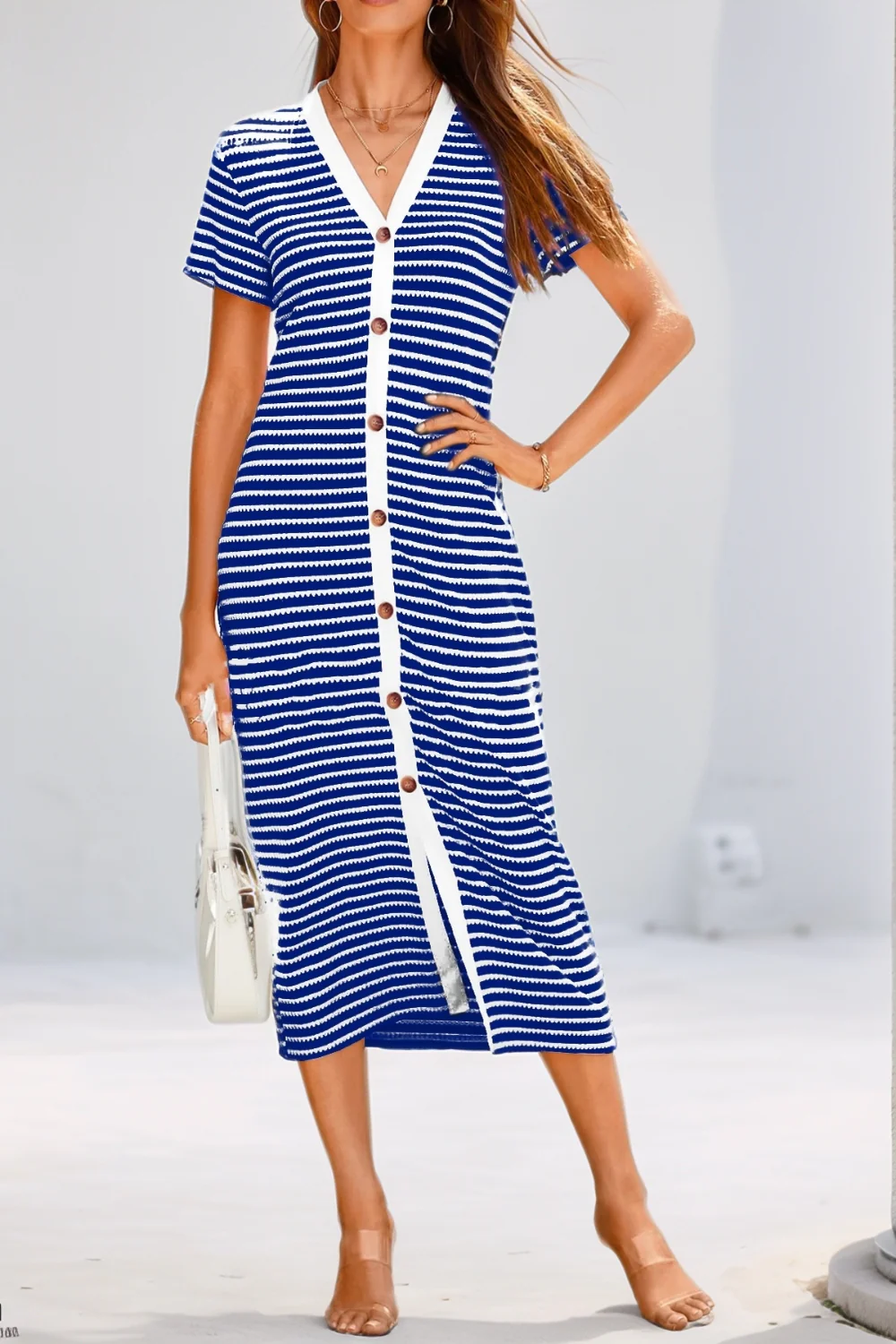 Contrast Striped V-Neck Short Sleeve Midi Dress - Image 5