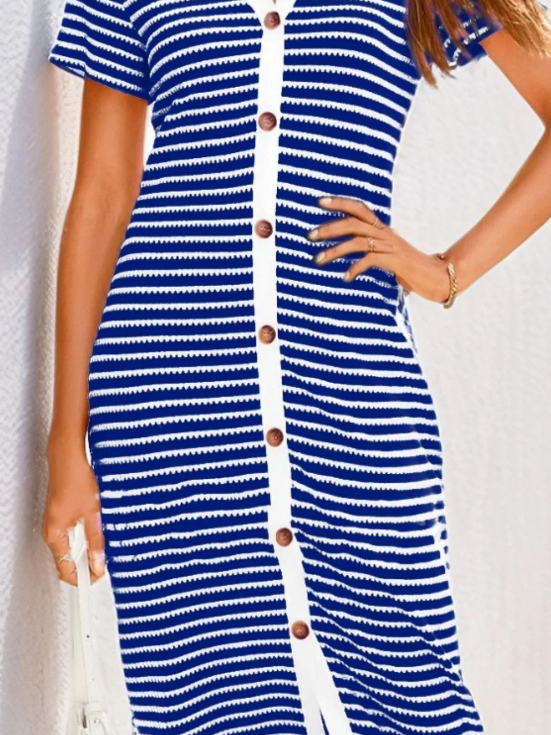 Contrast Striped V-Neck Short Sleeve Midi Dress - Image 6