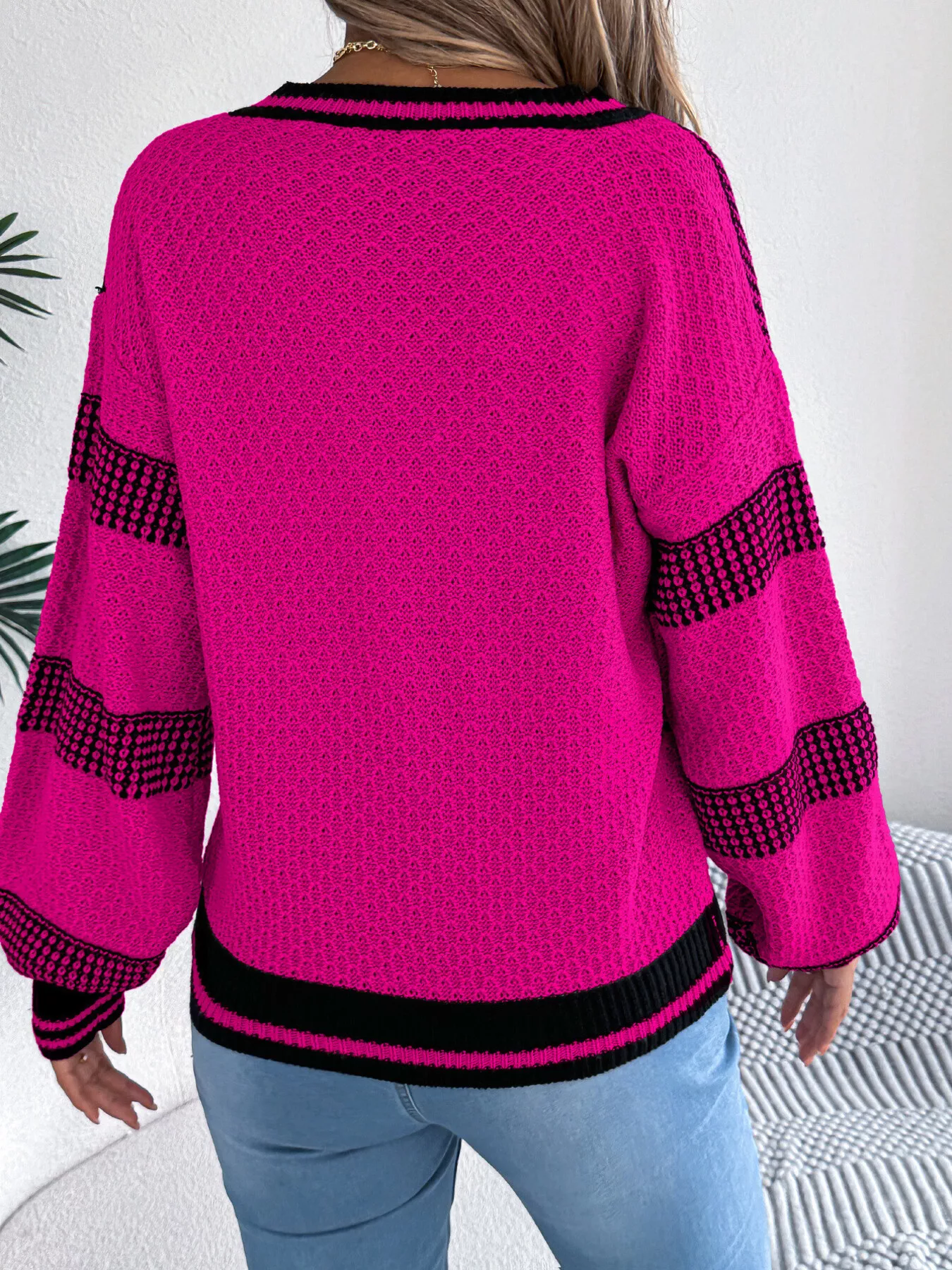 Contrast Striped V-Neck Sweater - Image 14