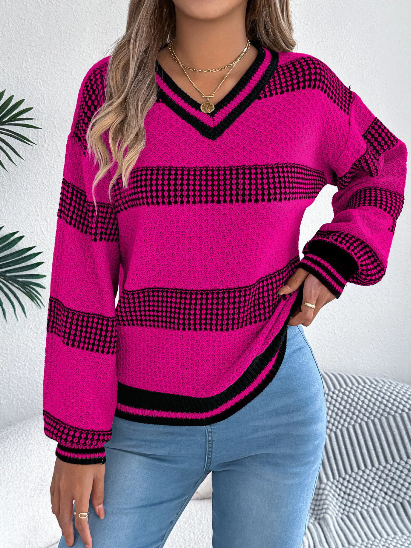 Contrast Striped V-Neck Sweater - Image 15