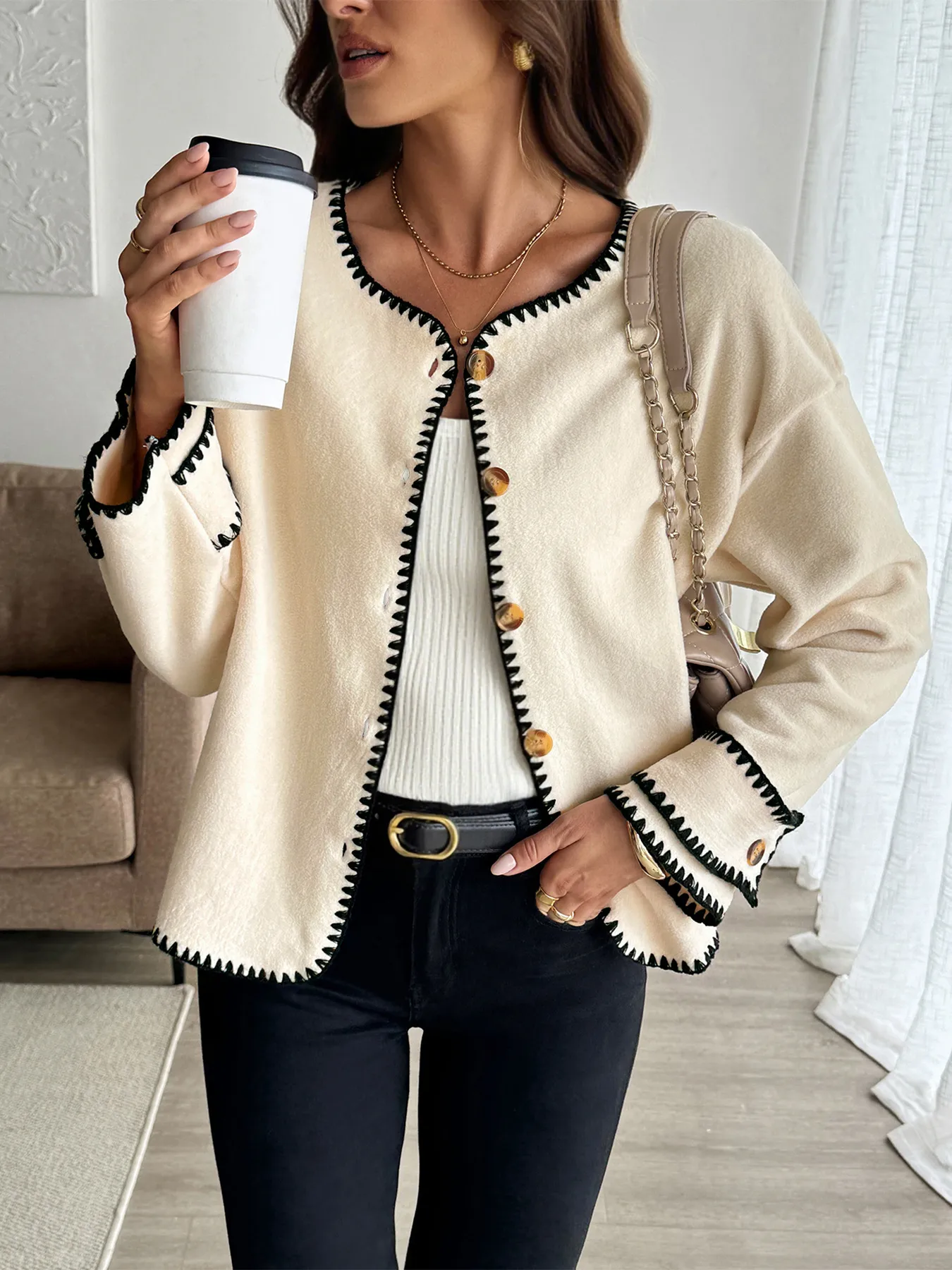 Contrast Trim Button Up Jacket - Image 2
