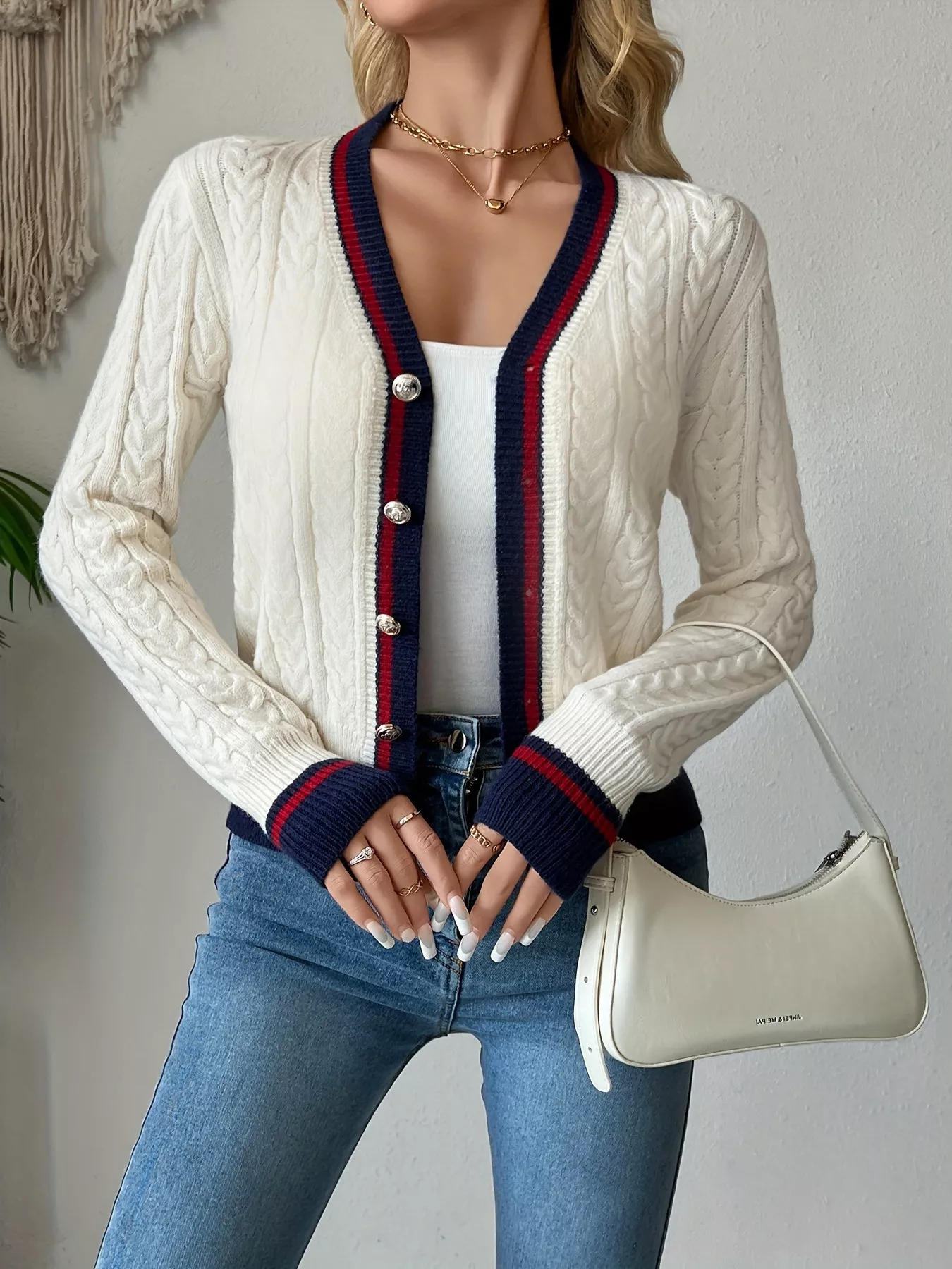 Contrast Trim Cable Knit Cardigan - Image 2