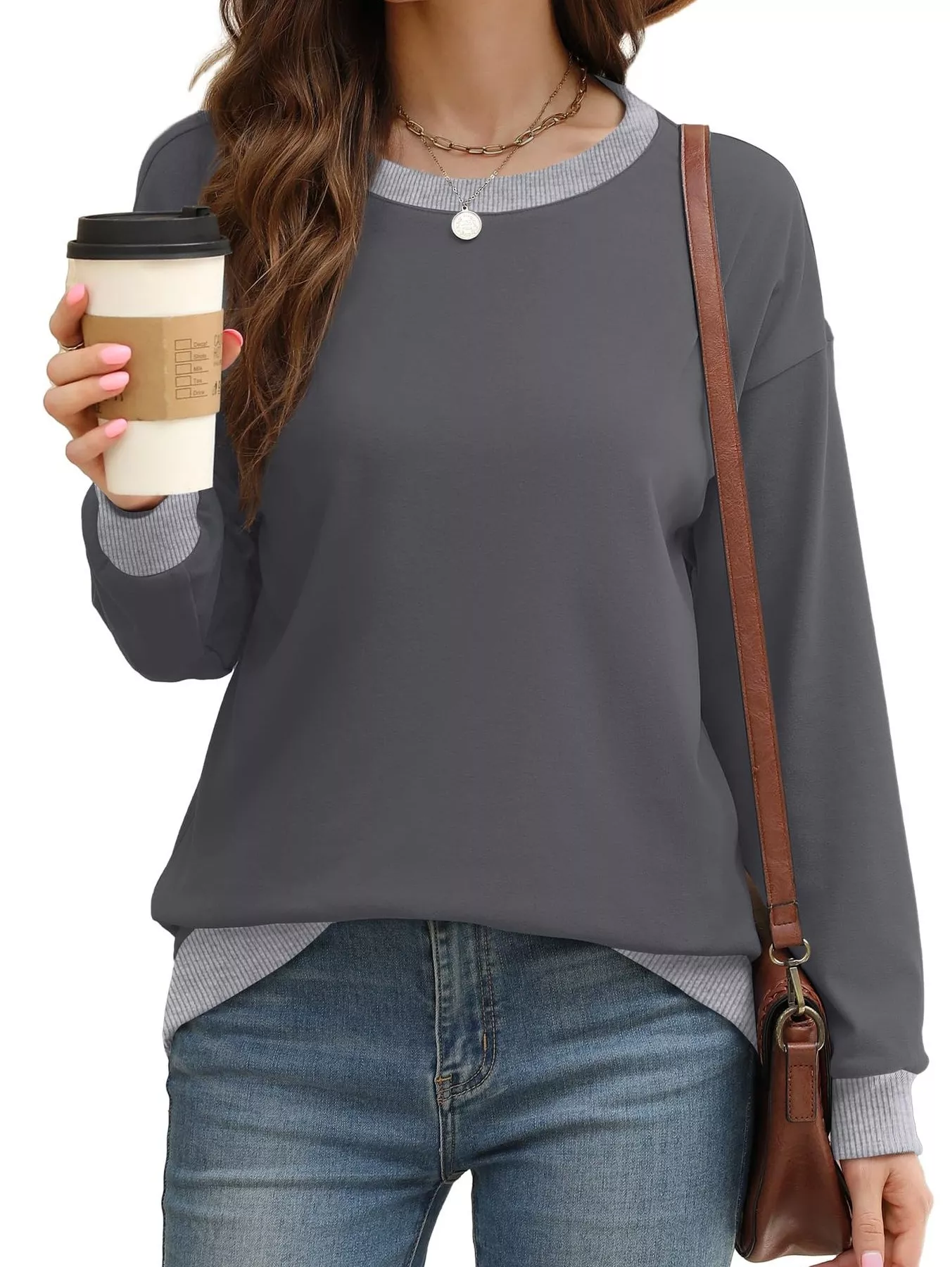Contrast Trim Crew Neck Casual Sweatshirt - Image 10