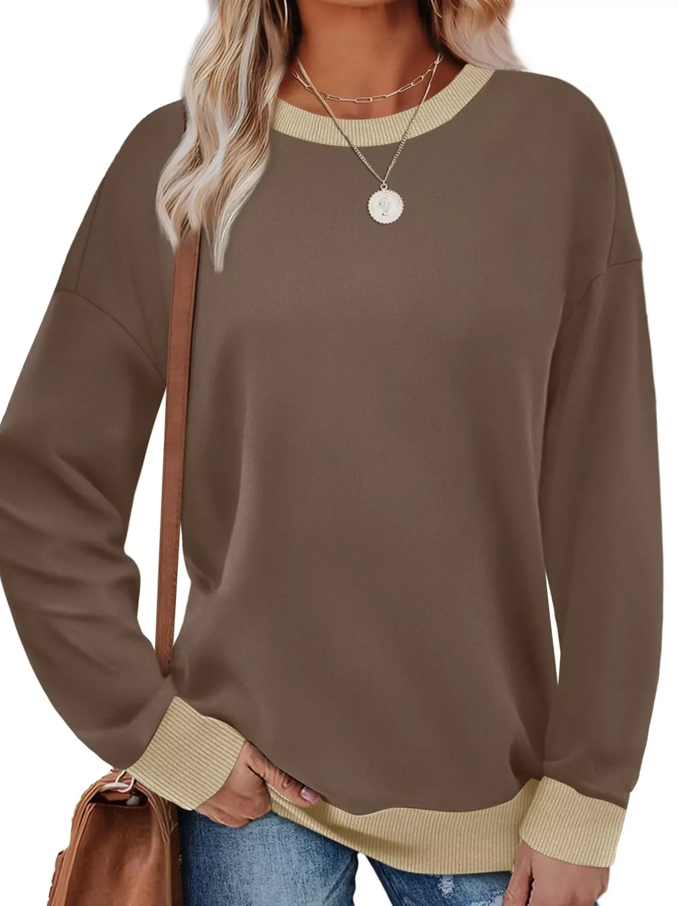 Contrast Trim Crew Neck Casual Sweatshirt - Image 13