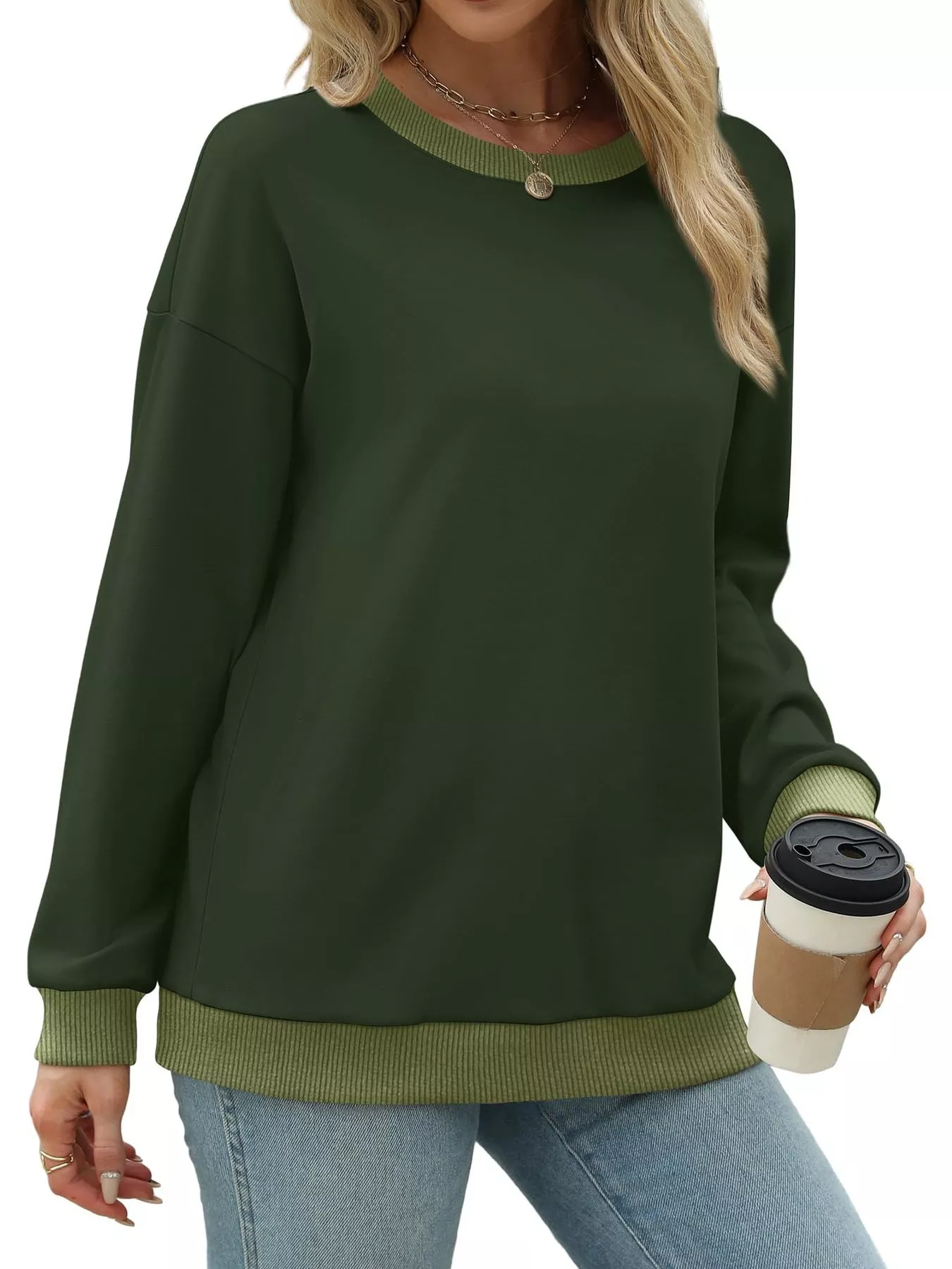 Contrast Trim Crew Neck Casual Sweatshirt - Image 19