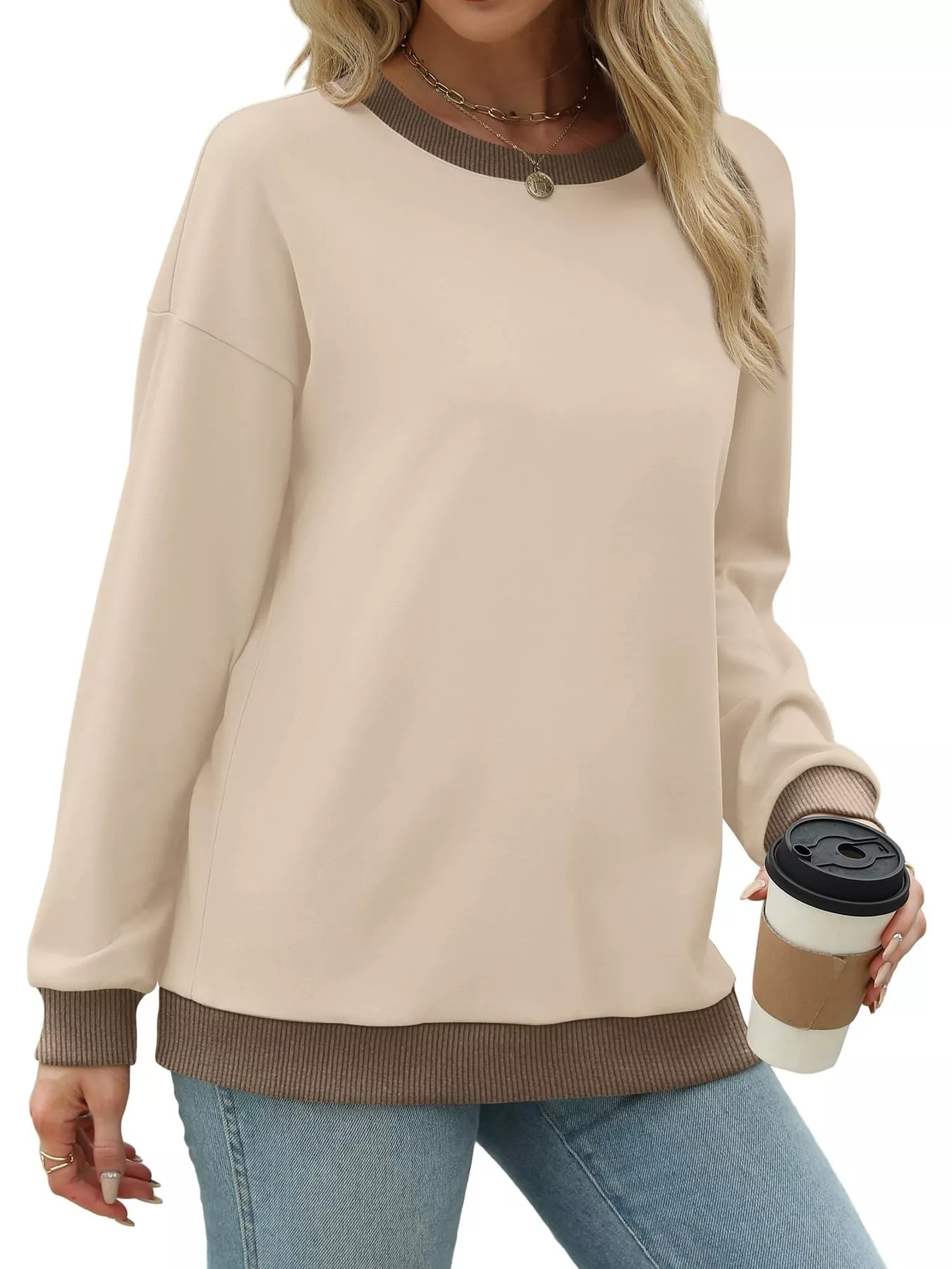 Contrast Trim Crew Neck Casual Sweatshirt - Image 23