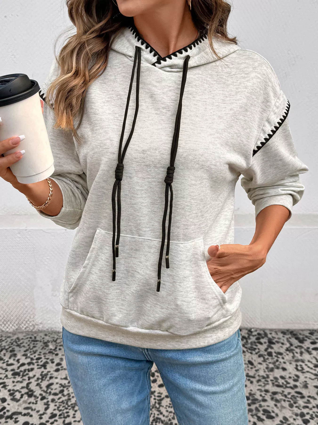 Contrast Trim Drawstring Hoodie with Kangaroo Pocket - Image 4