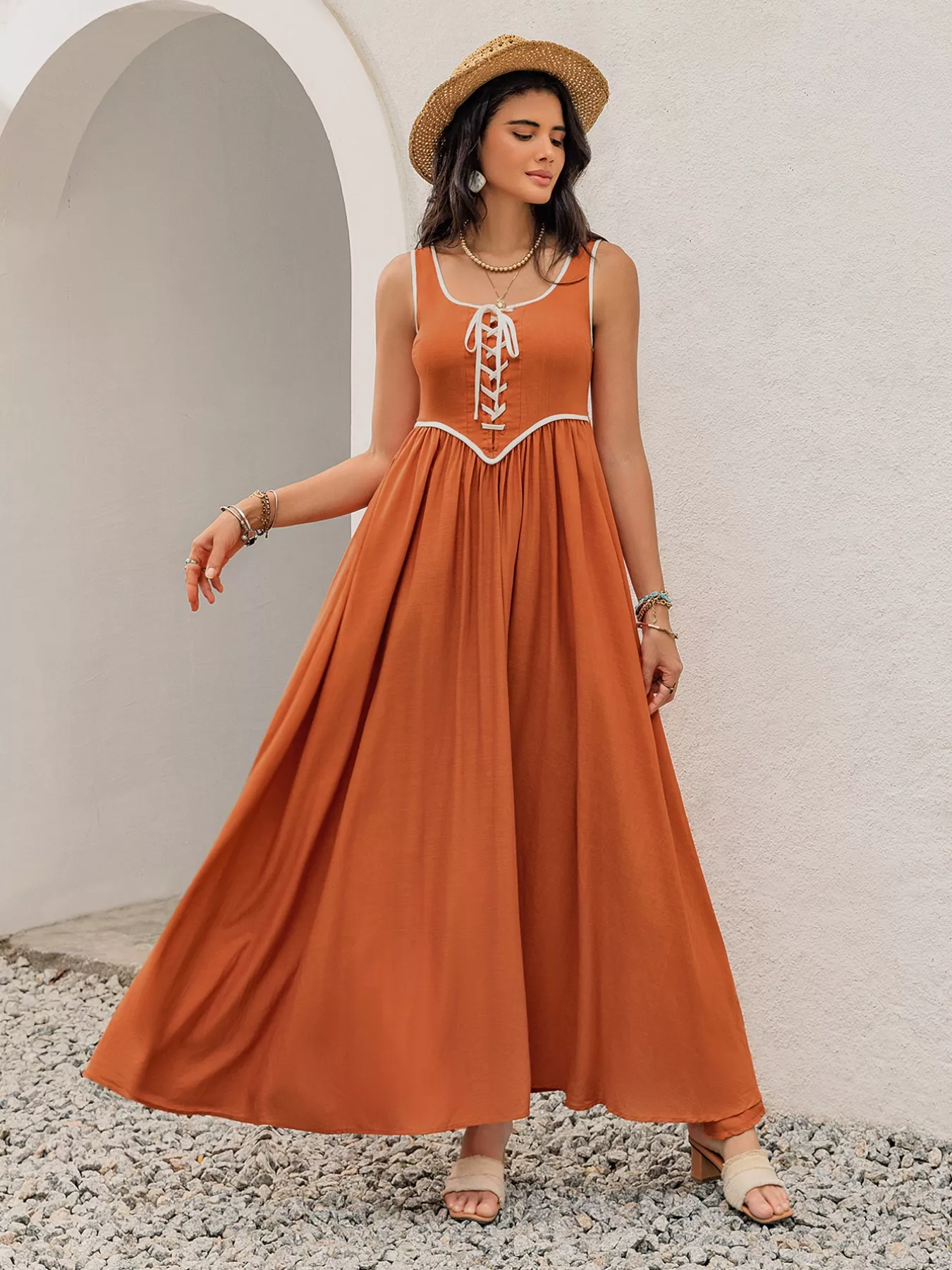 Contrast Trim Lace-Up Maxi Tank Dress - Image 4