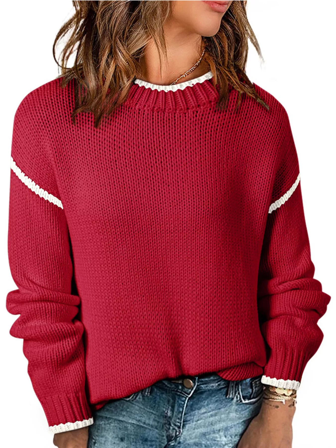 Contrast Trim Long Sleeve Sweater - Image 23