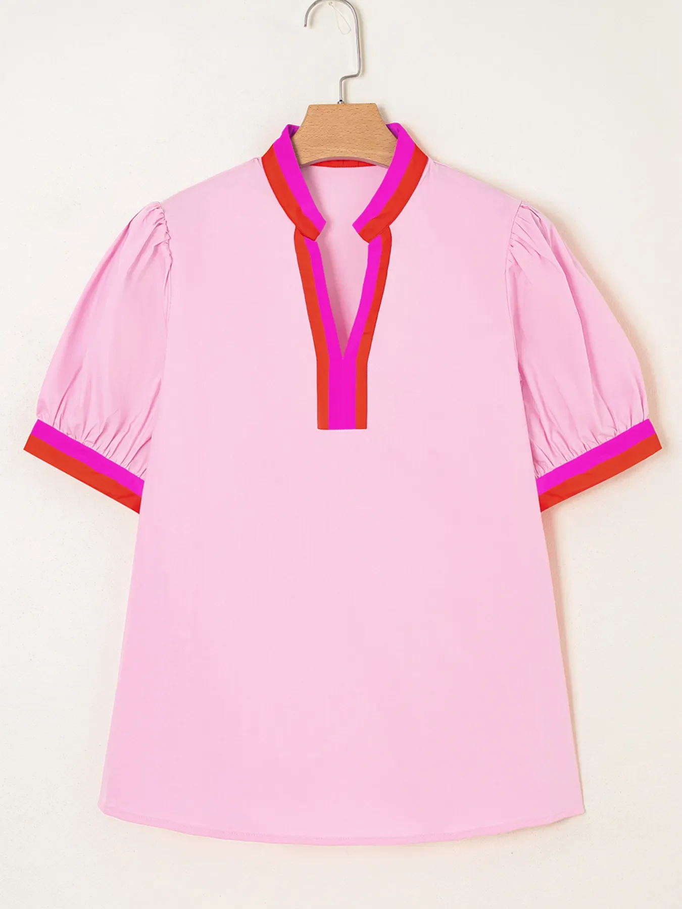 Contrast Trim Notched Short Sleeve Blouse - Image 2