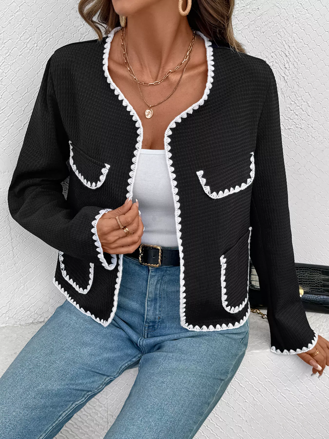 Contrast Trim Open Front Jacket - Image 2