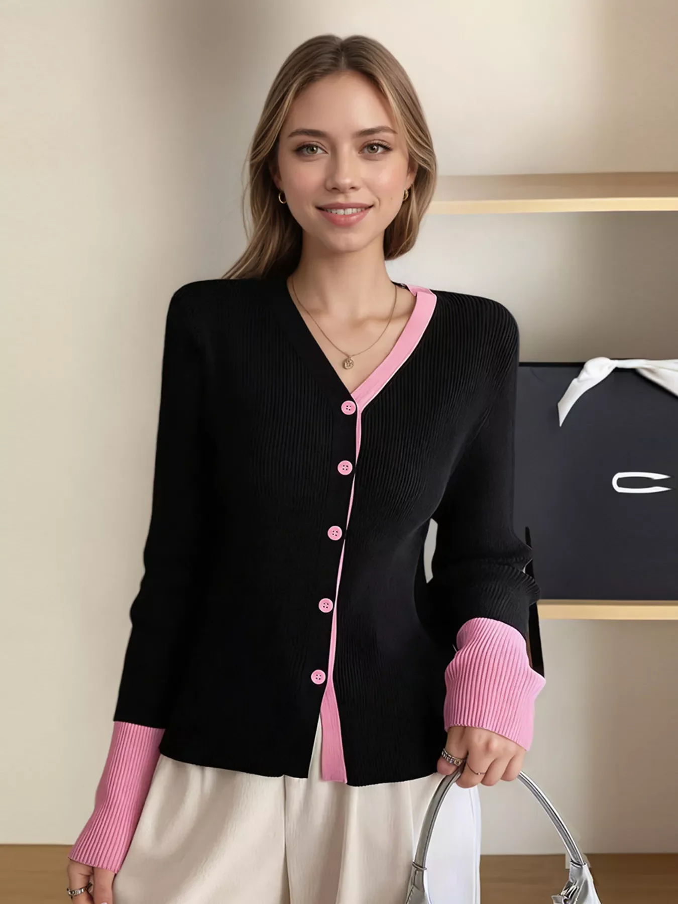 Contrast Trim Ribbed Knit Cardigan - Image 4