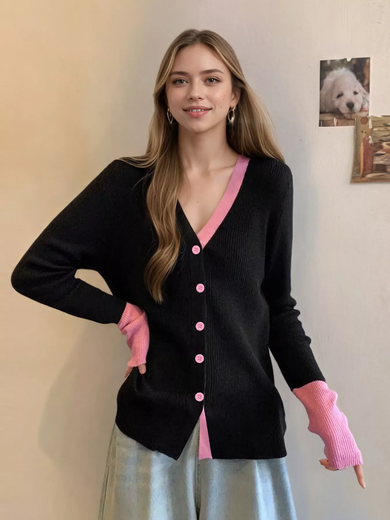 Contrast Trim Ribbed Knit Cardigan - Image 5