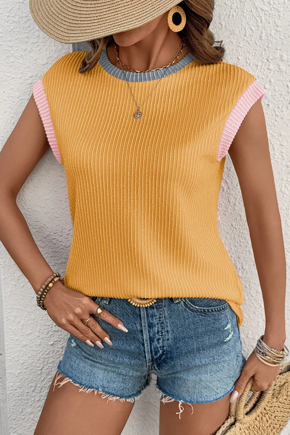 Contrast Trim Ribbed Knit Sleeveless Top - Image 32