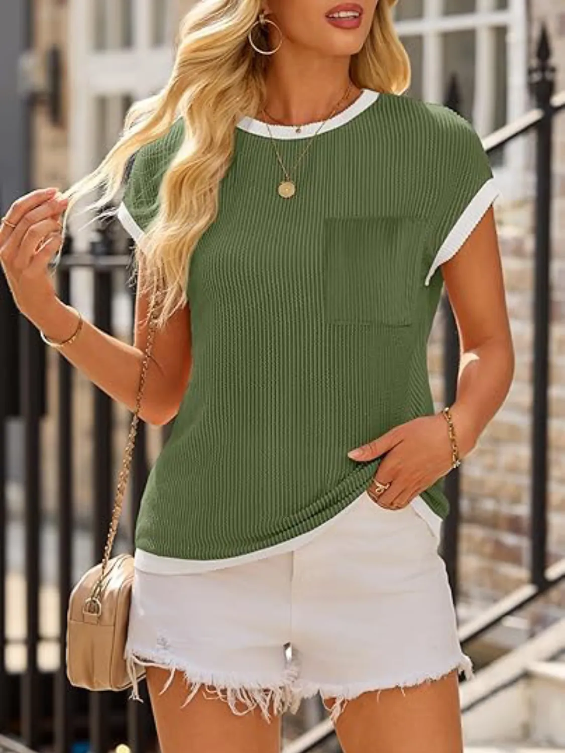 Contrast Trim Round Neck Cap Sleeve Top