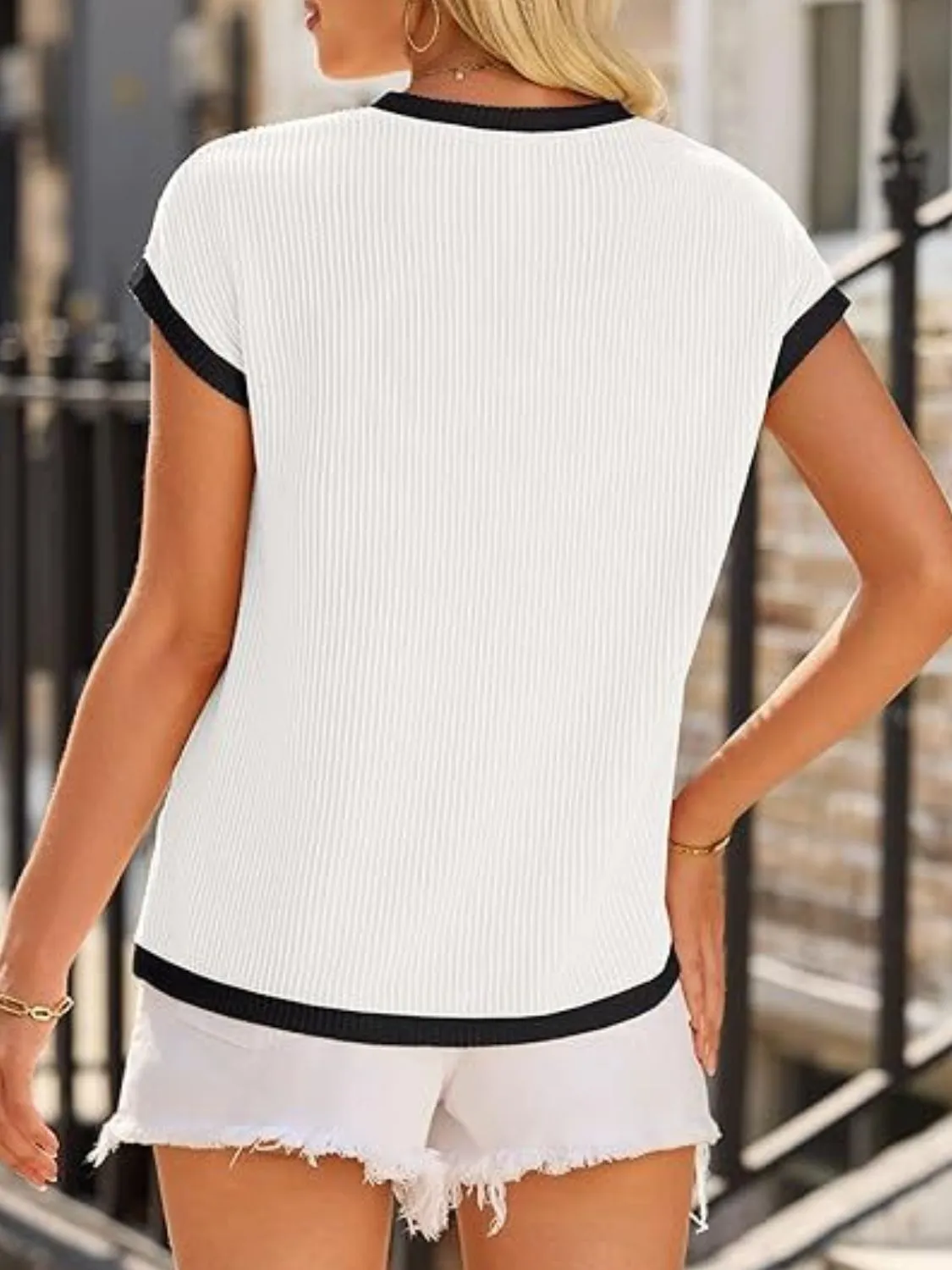 Contrast Trim Round Neck Cap Sleeve Top - Image 5