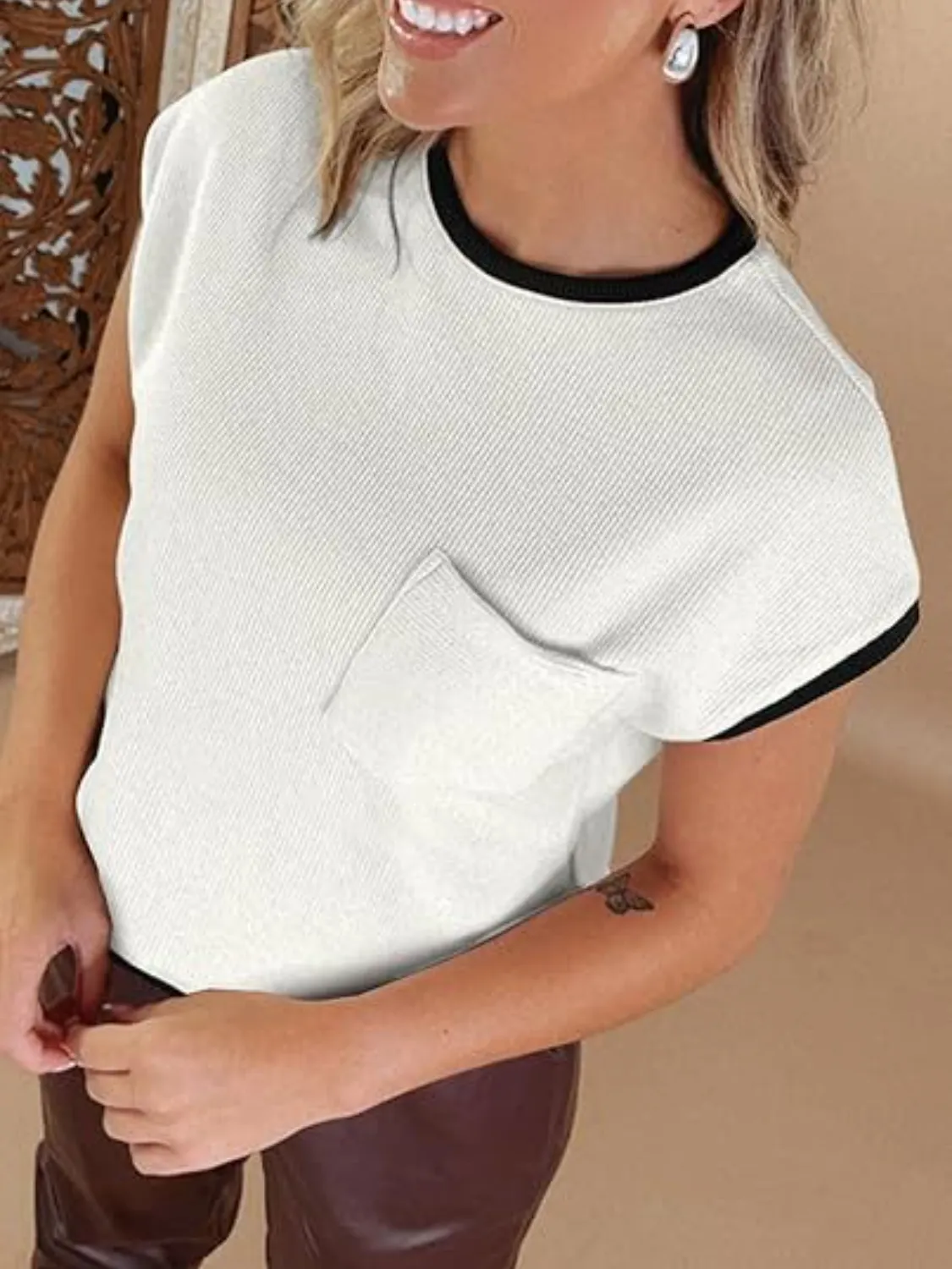 Contrast Trim Round Neck Cap Sleeve Top - Image 6