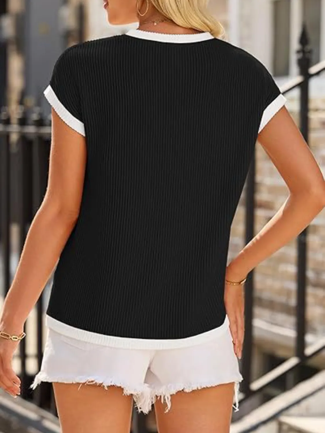 Contrast Trim Round Neck Cap Sleeve Top - Image 8