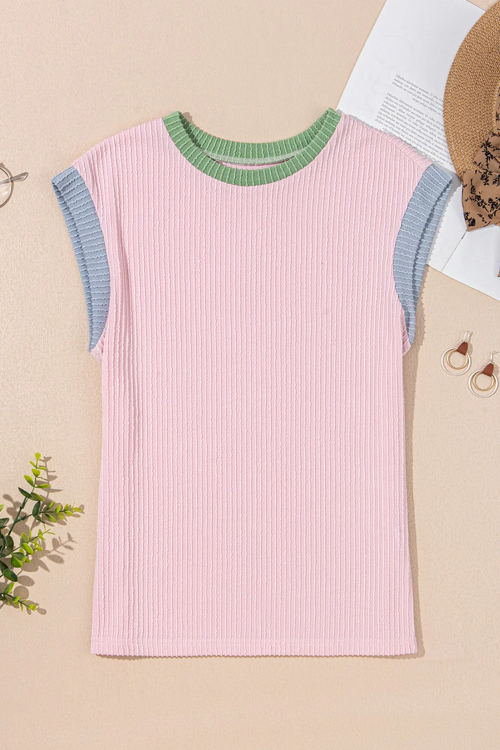 Contrast Trim Round Neck Cap Sleeve Top - Image 6