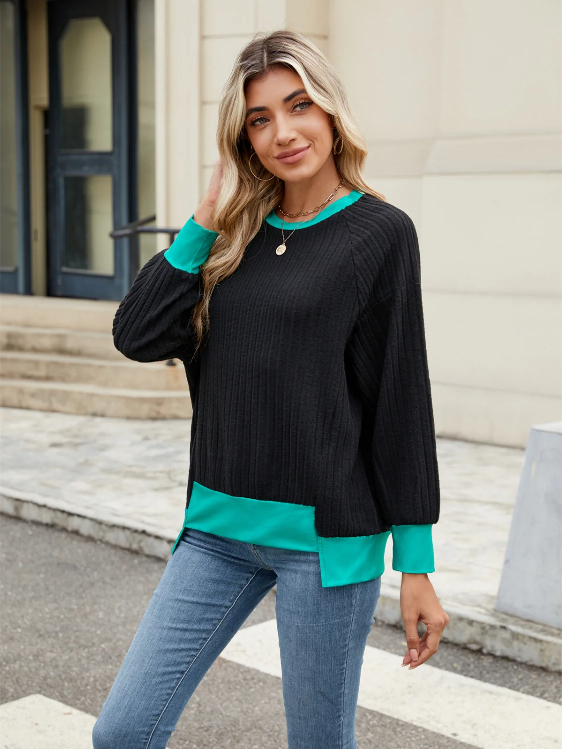 Contrast Trim Round Neck Long Sleeve T-Shirt - Image 13