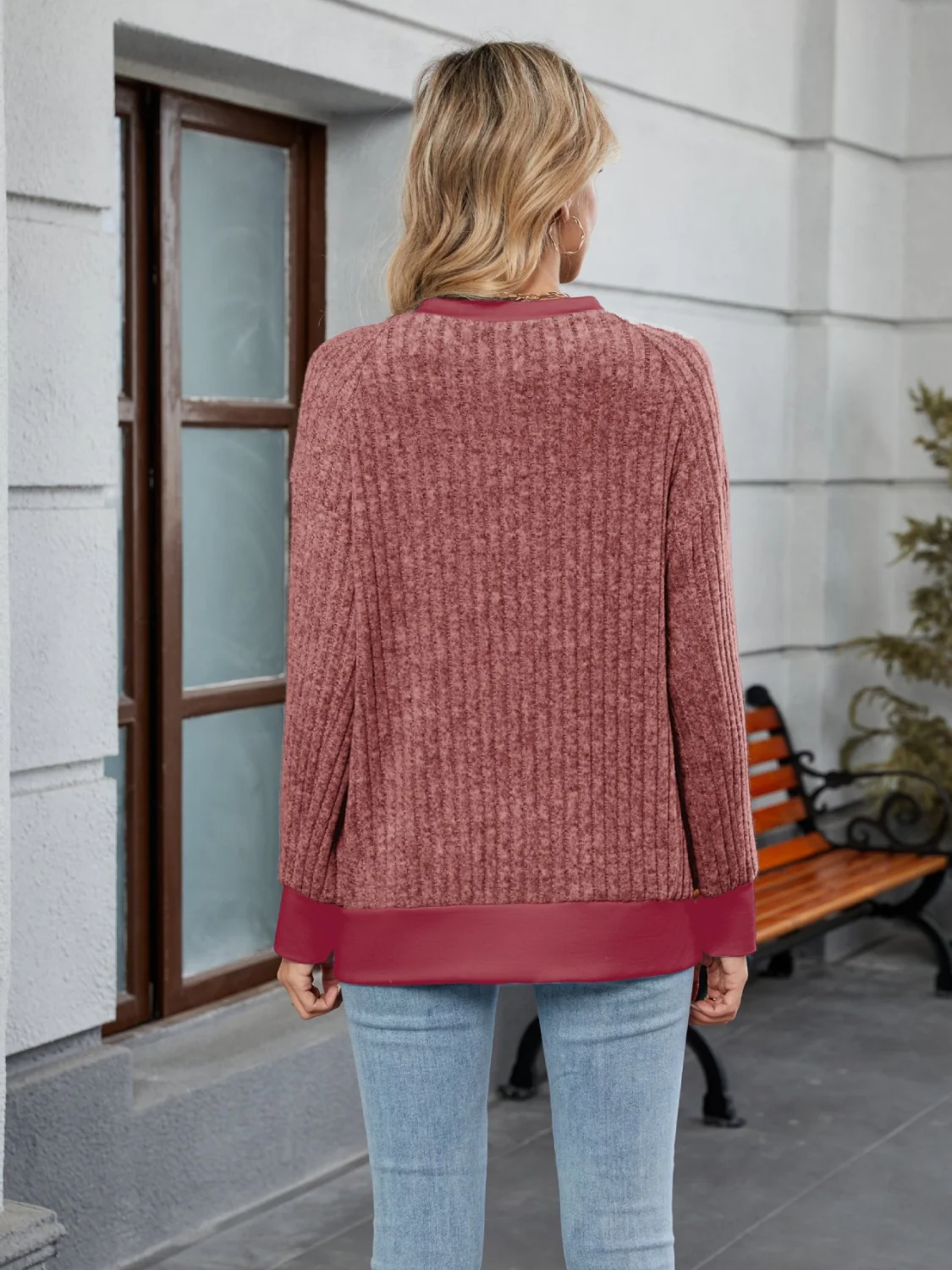 Contrast Trim Round Neck Long Sleeve T-Shirt - Image 22