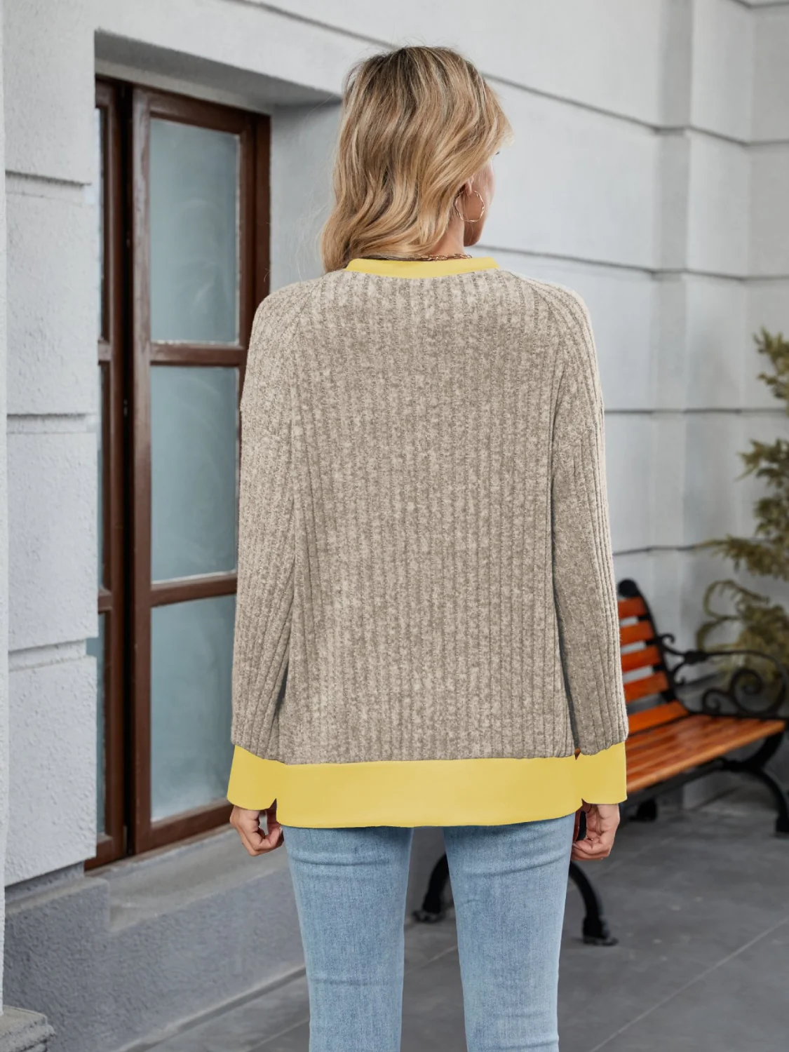 Contrast Trim Round Neck Long Sleeve T-Shirt - Image 8