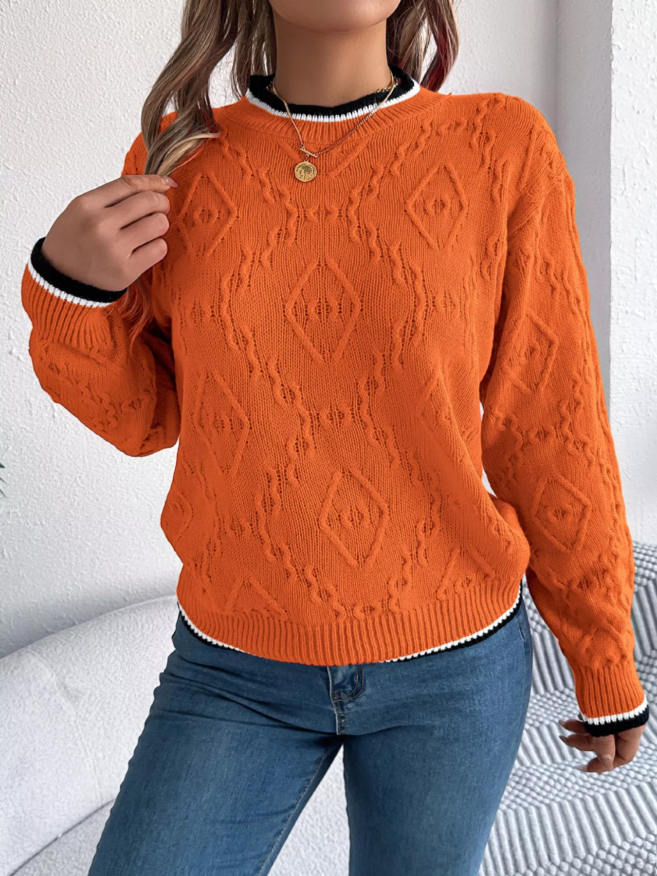 Contrast Trim Round Neck Sweater - Image 16