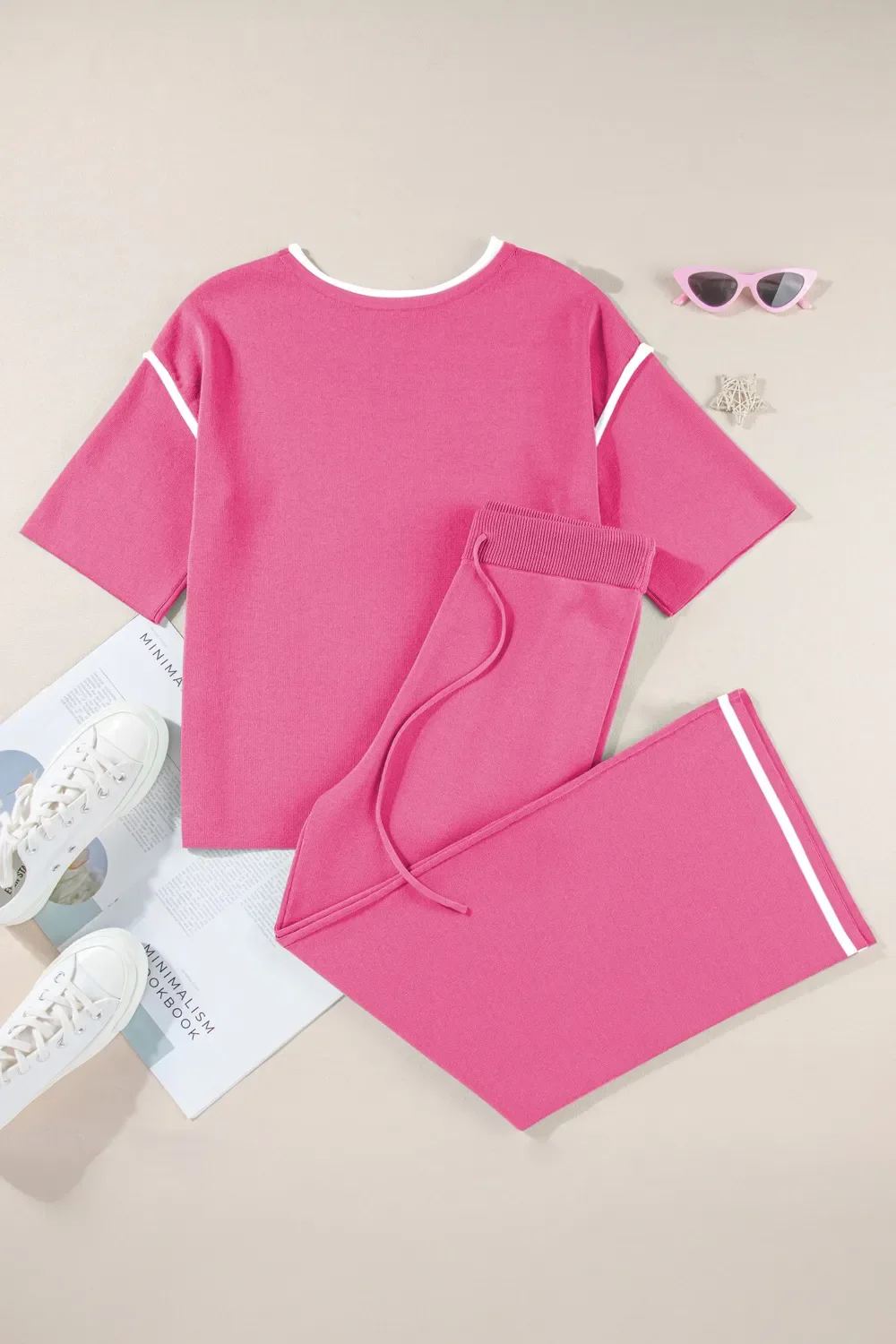 Contrast Trim Round Neck Top and Pants Set - Image 10