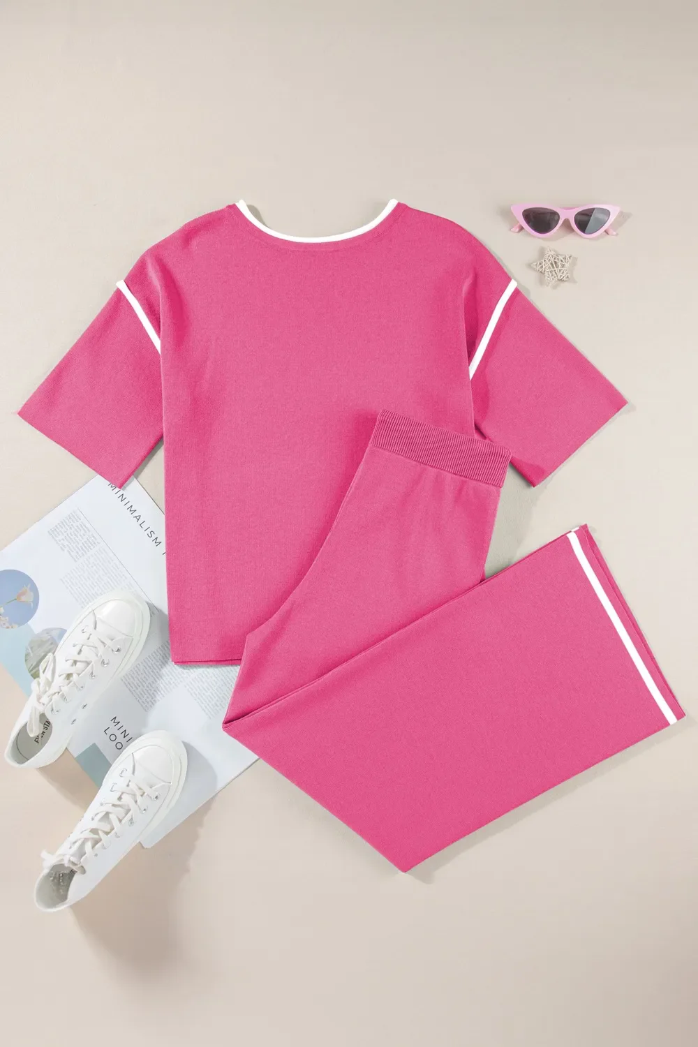 Contrast Trim Round Neck Top and Pants Set - Image 11