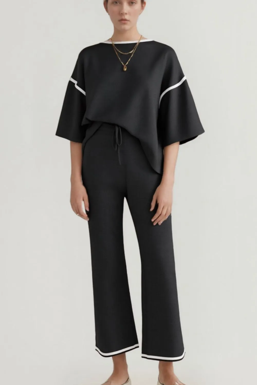 Contrast Trim Round Neck Top and Pants Set - Image 16