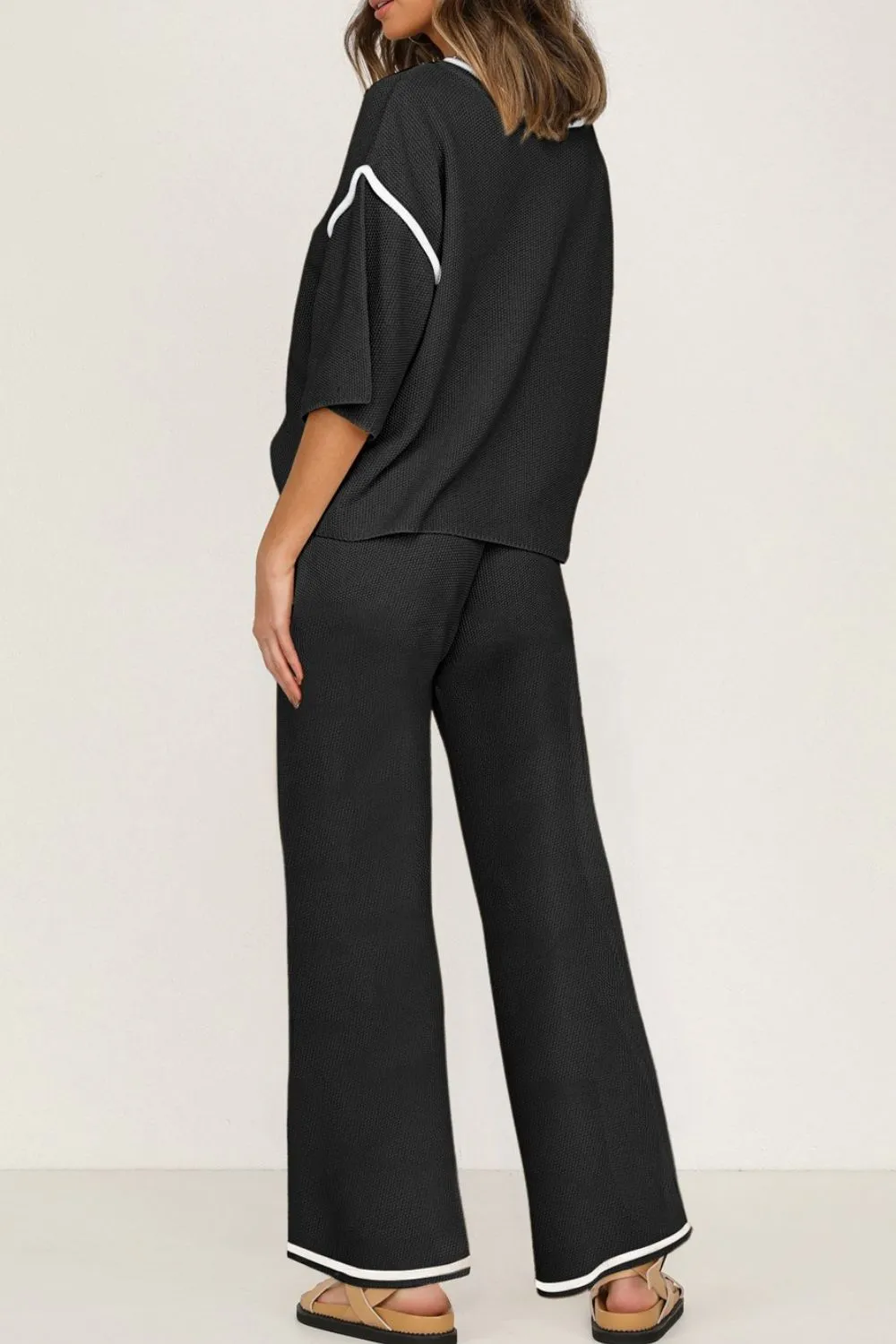 Contrast Trim Round Neck Top and Pants Set - Image 17