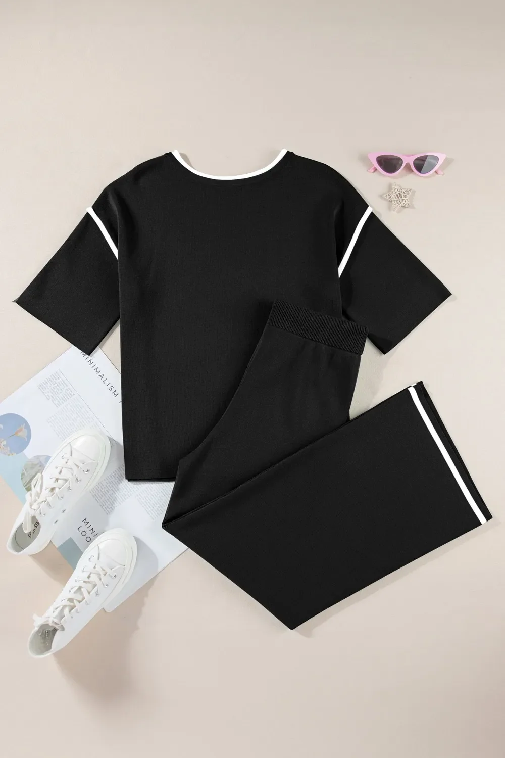 Contrast Trim Round Neck Top and Pants Set - Image 18