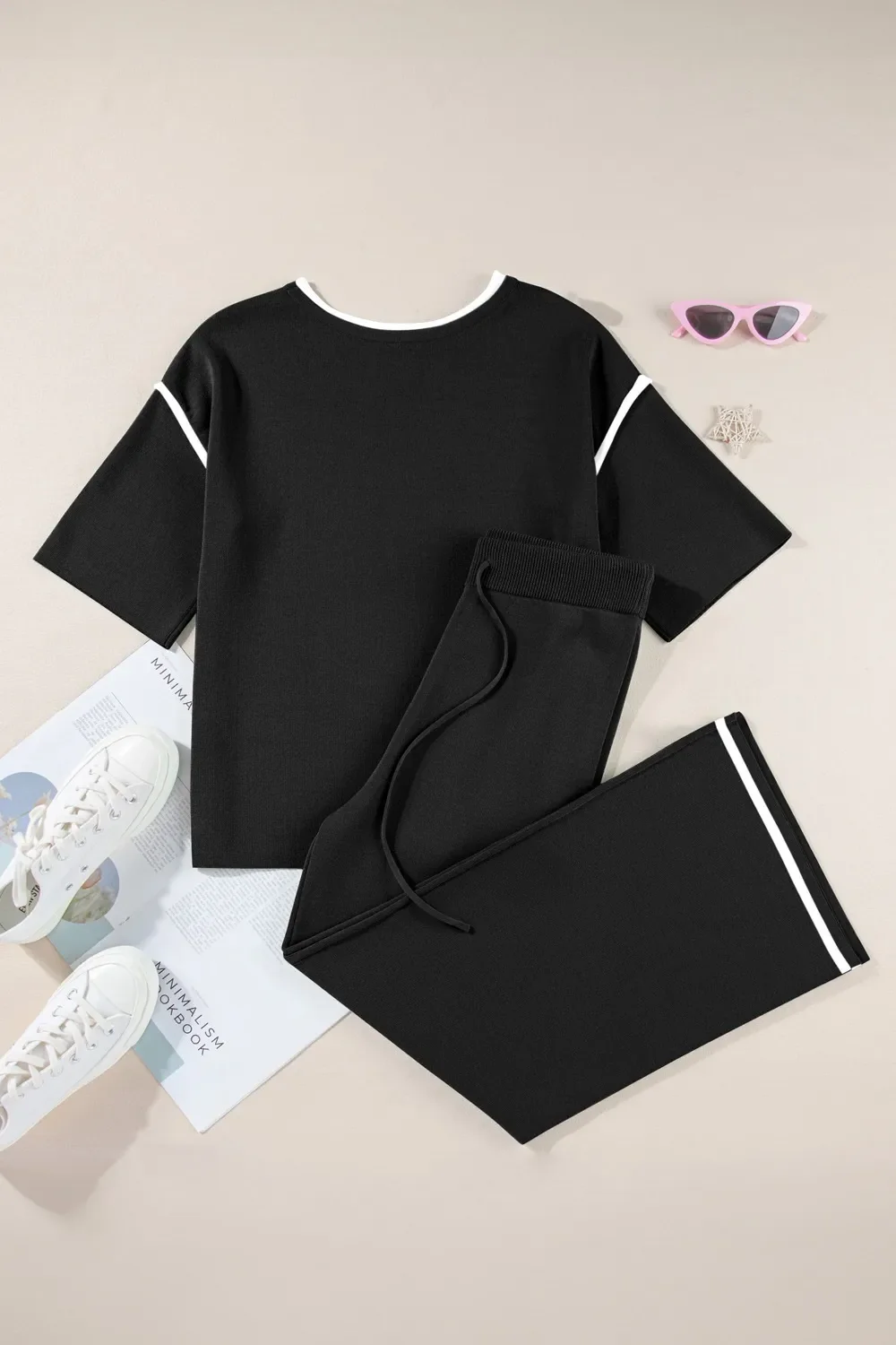 Contrast Trim Round Neck Top and Pants Set - Image 19