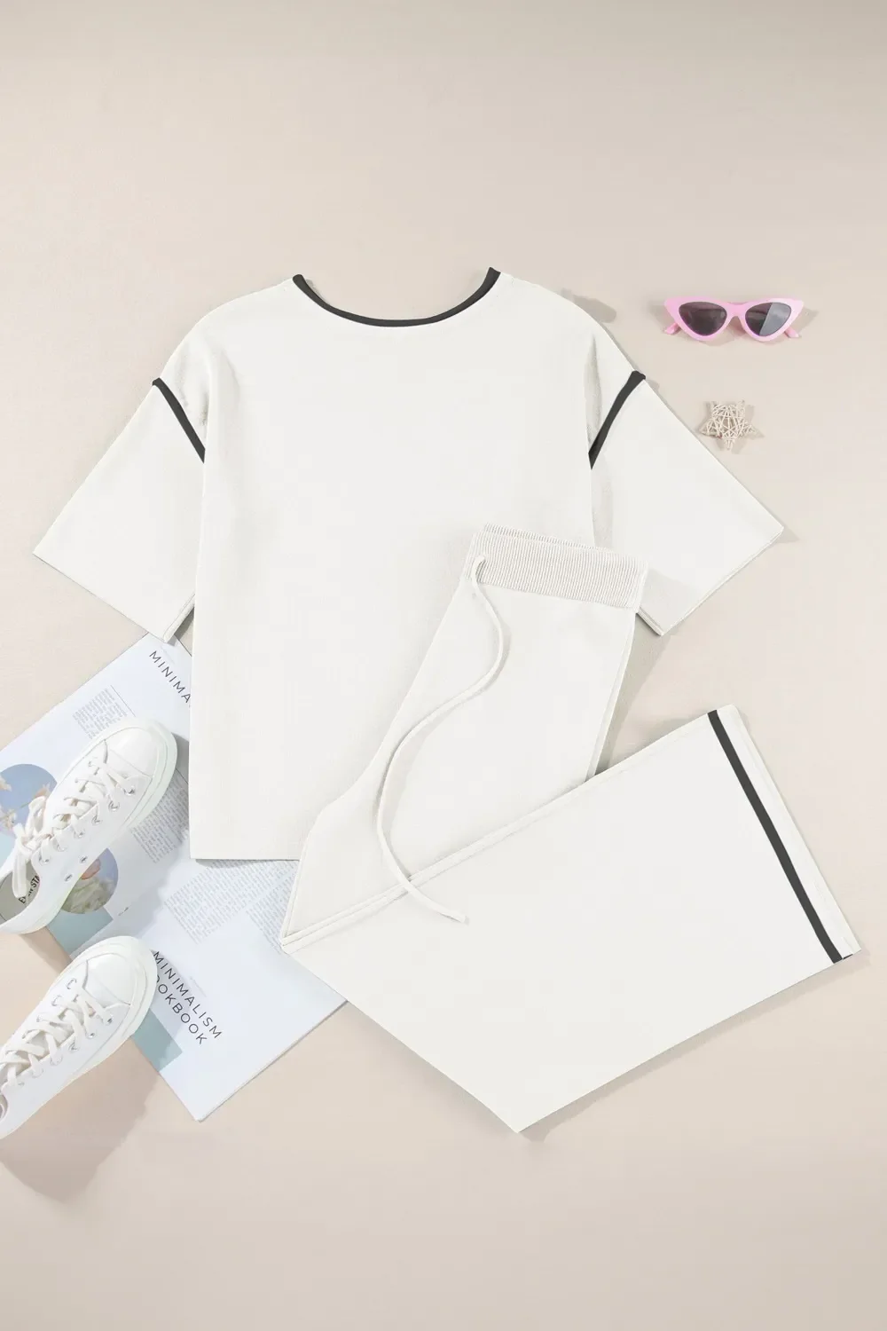 Contrast Trim Round Neck Top and Pants Set - Image 3