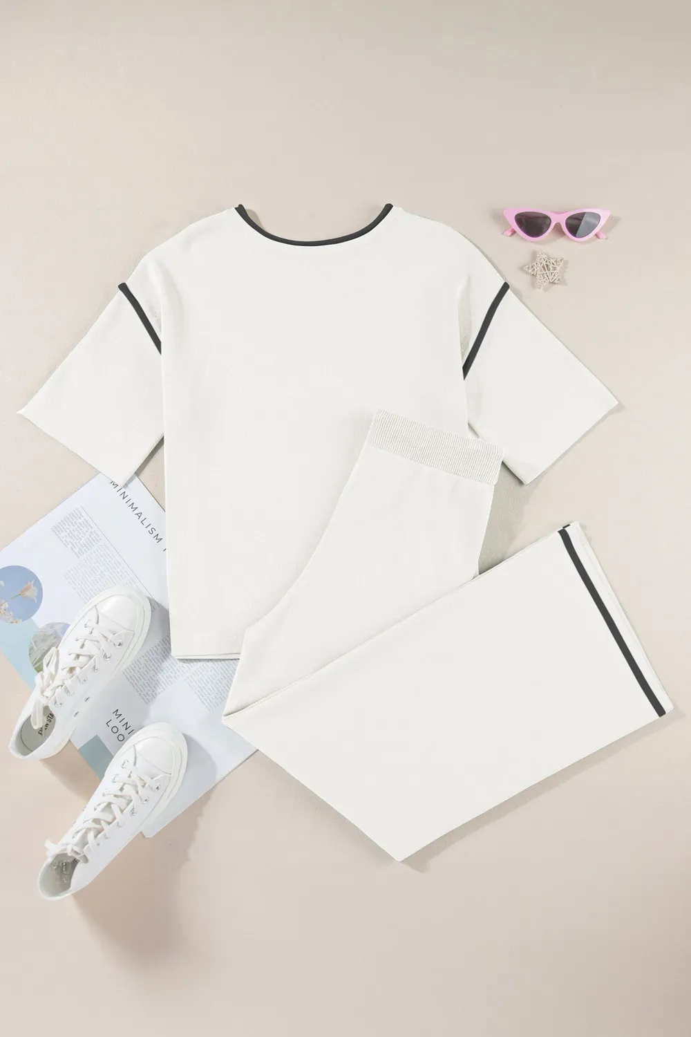 Contrast Trim Round Neck Top and Pants Set - Image 4