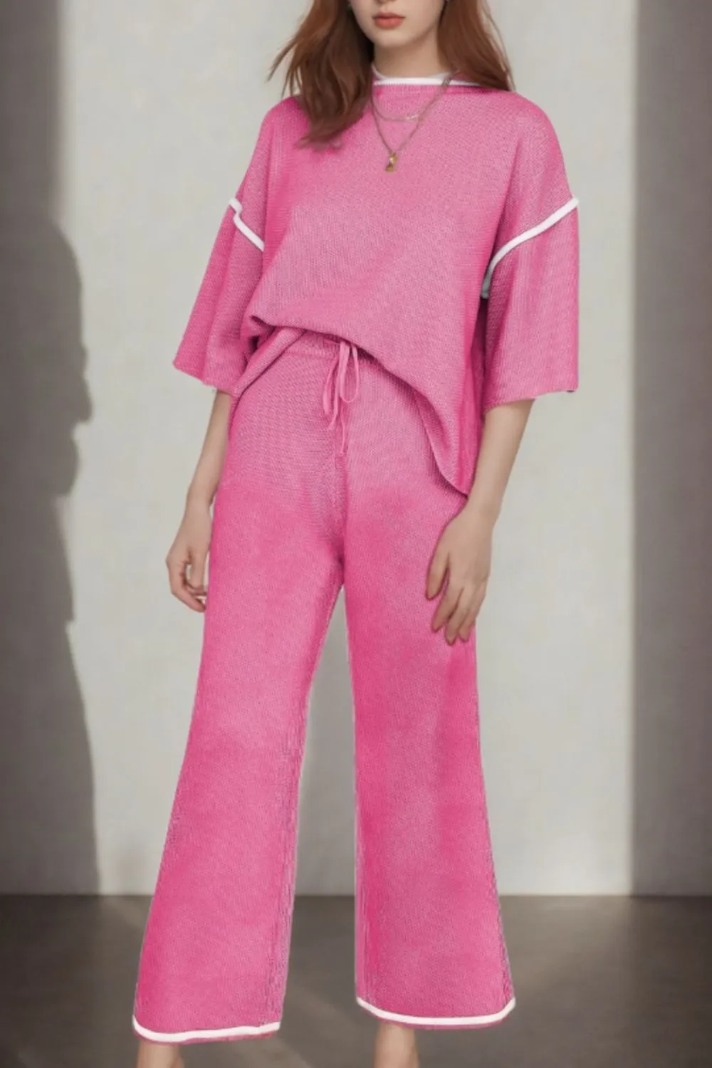 Contrast Trim Round Neck Top and Pants Set - Image 8