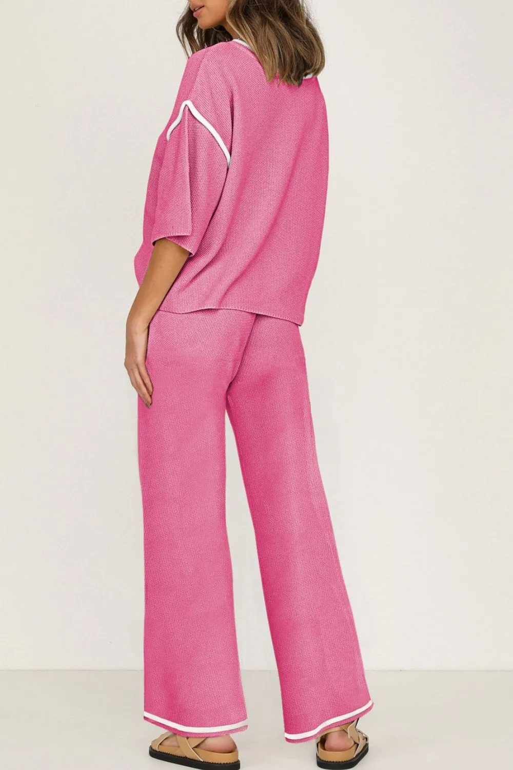 Contrast Trim Round Neck Top and Pants Set - Image 9