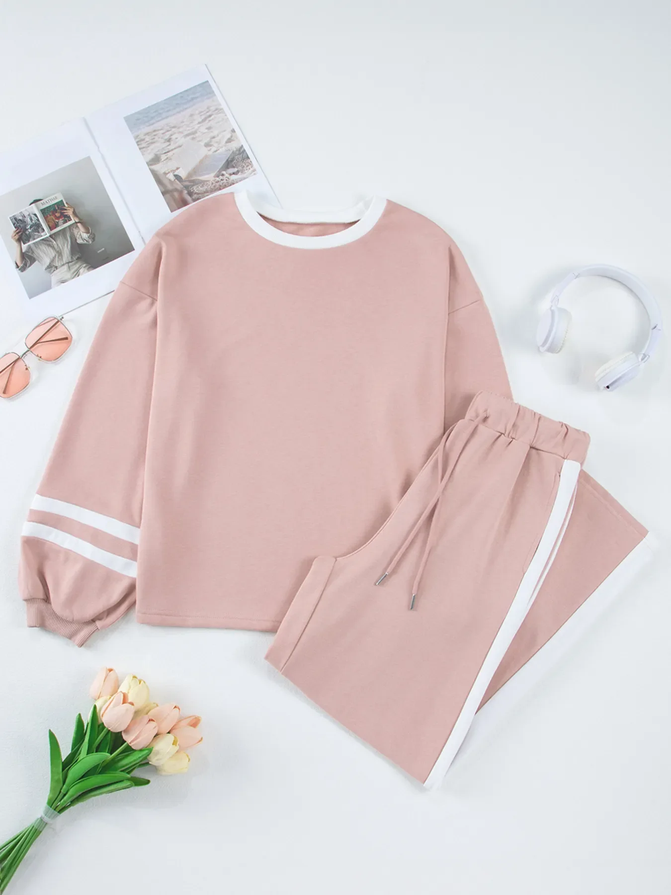 Contrast Trim Round Neck Top and Pants Set - Image 4