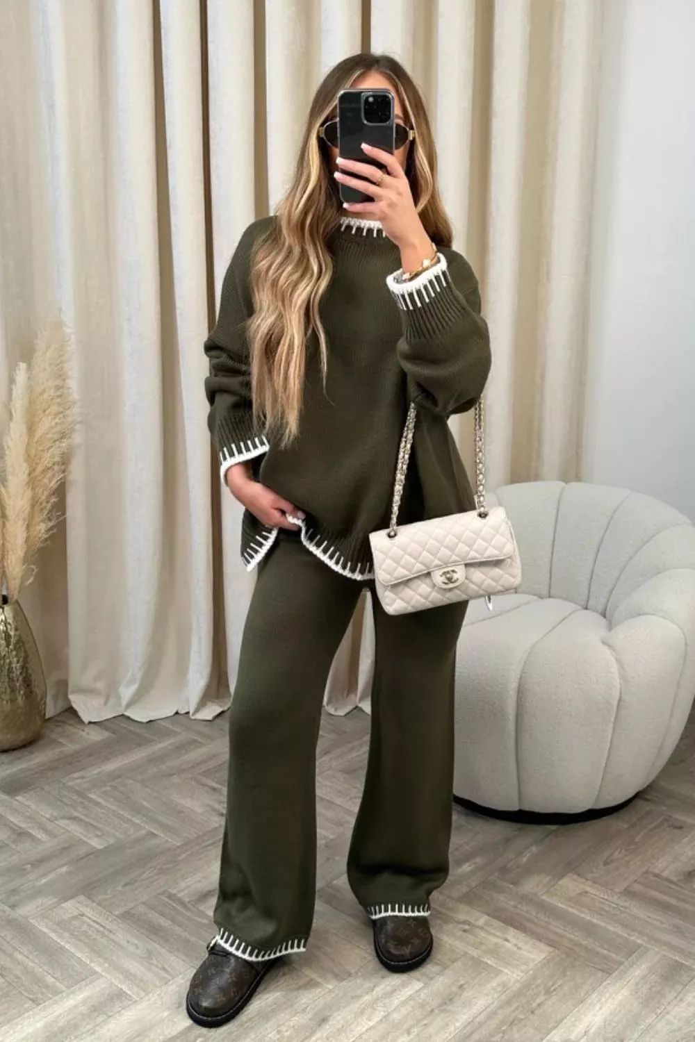 Contrast Trim Round Neck Top and Pants Sweater Set - Image 6