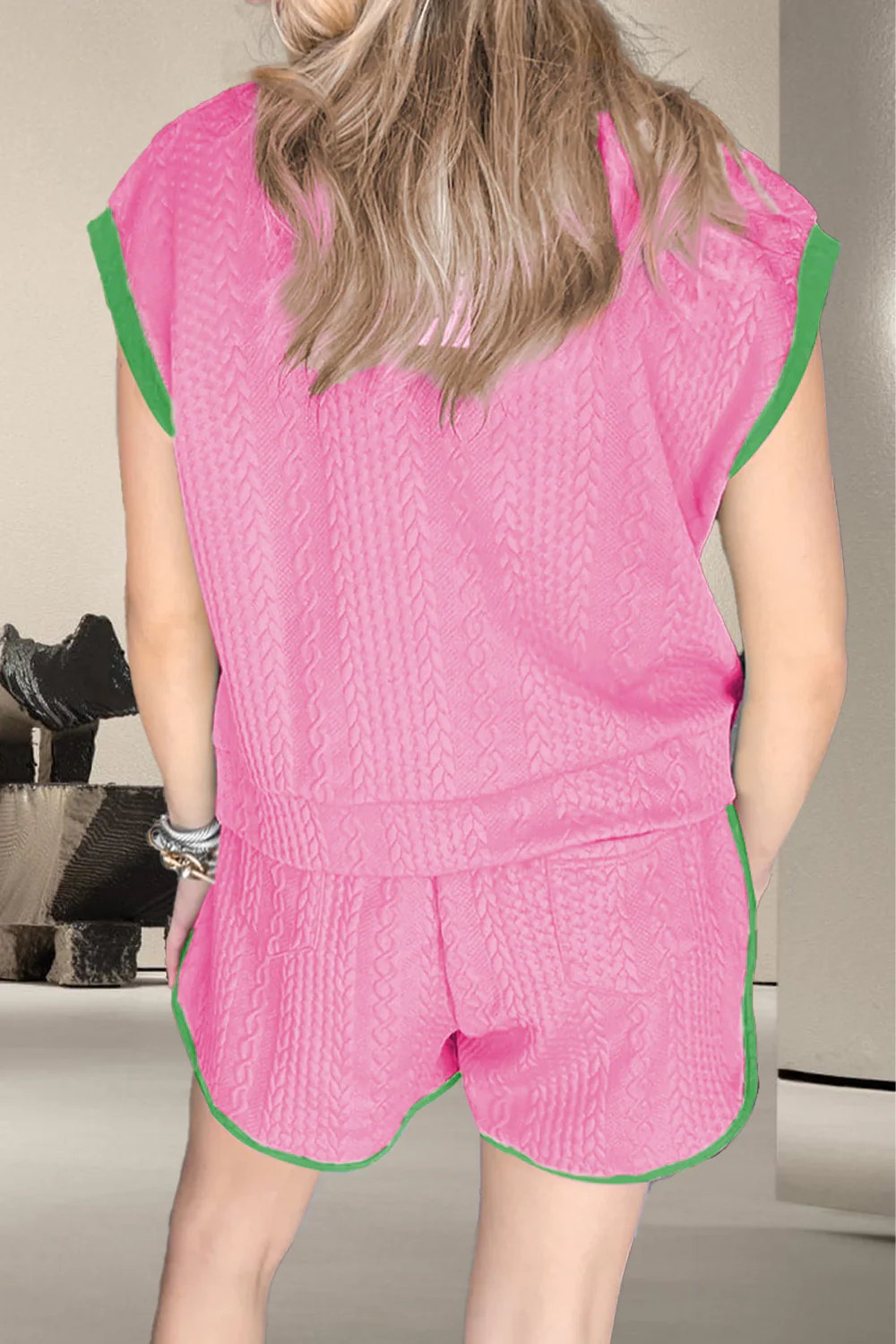 Contrast Trim Round Neck Top and Shorts Set - Image 3