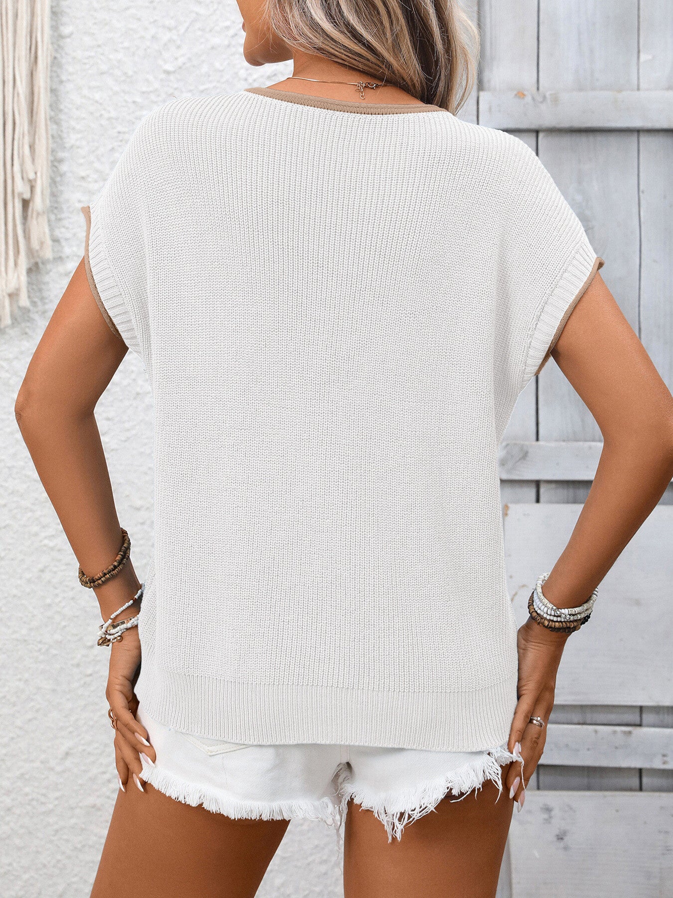 Contrast Trim Short Sleeve Sweater - Image 24