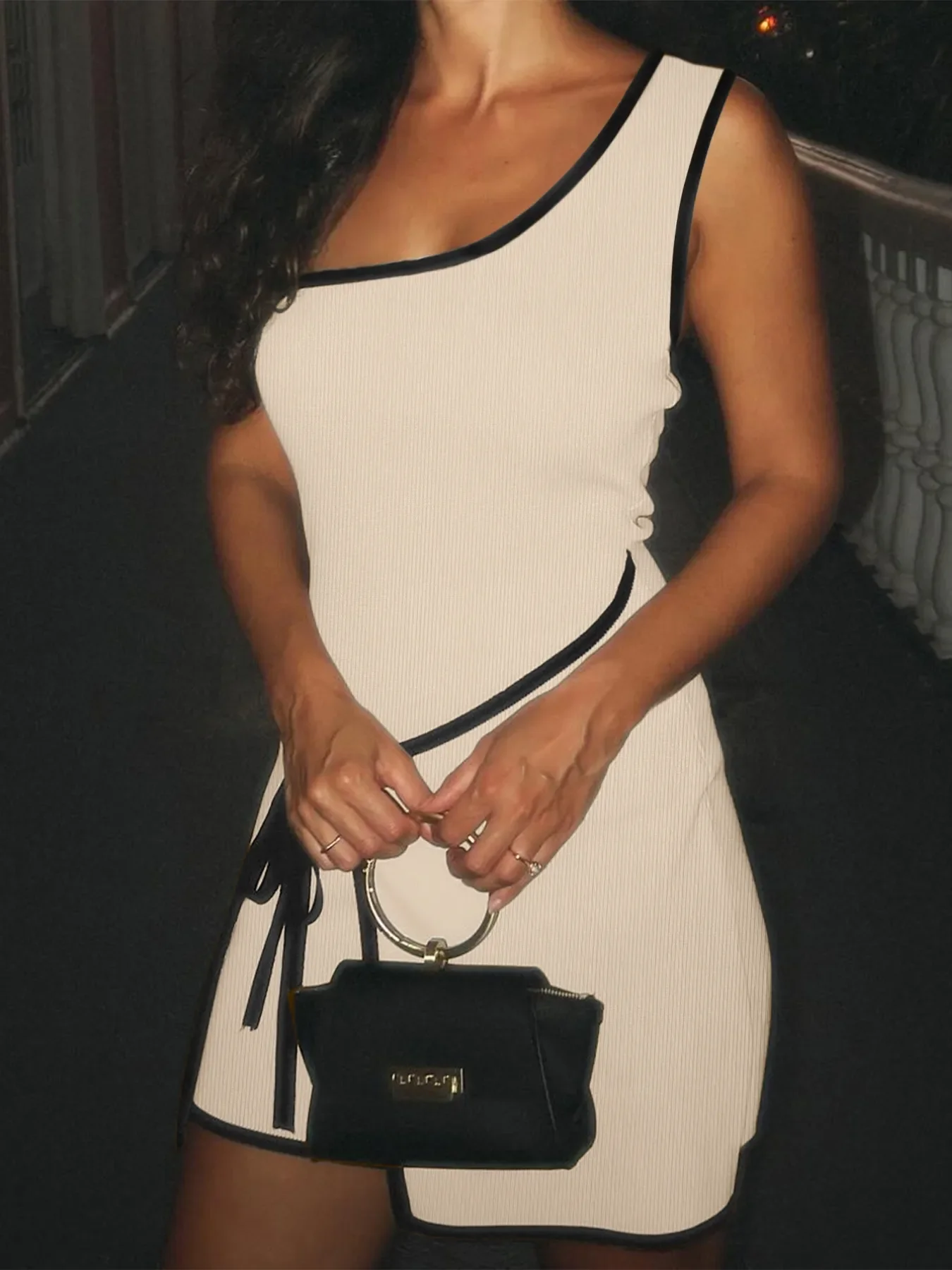 Contrast Trim Single Shoulder Mini Dress - Image 6